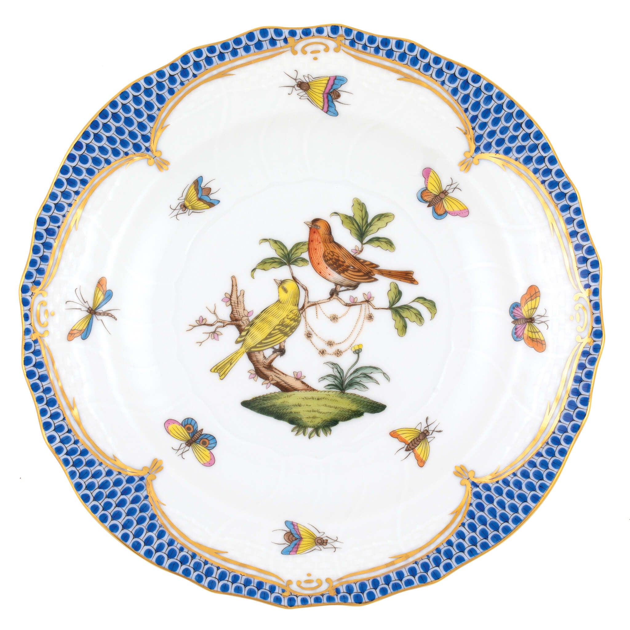 Hand-painted Herend Rothschild Bird Blue Border Salad Plate in fine porcelain, 7.5in D,, Motif 6, on a white background