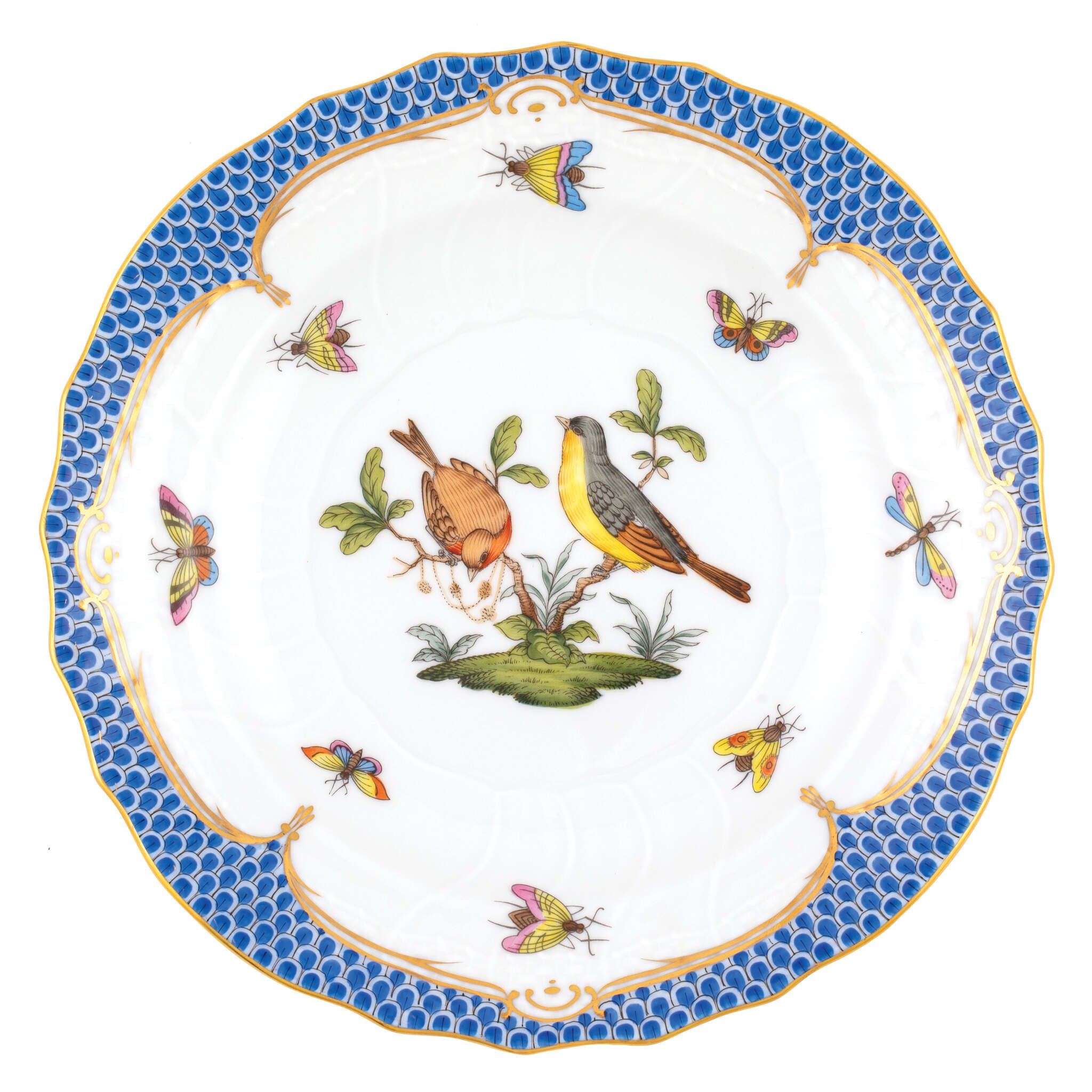 Hand-painted Herend Rothschild Bird Blue Border Salad Plate in fine porcelain, 7.5in D,, Motif 7, on a white background