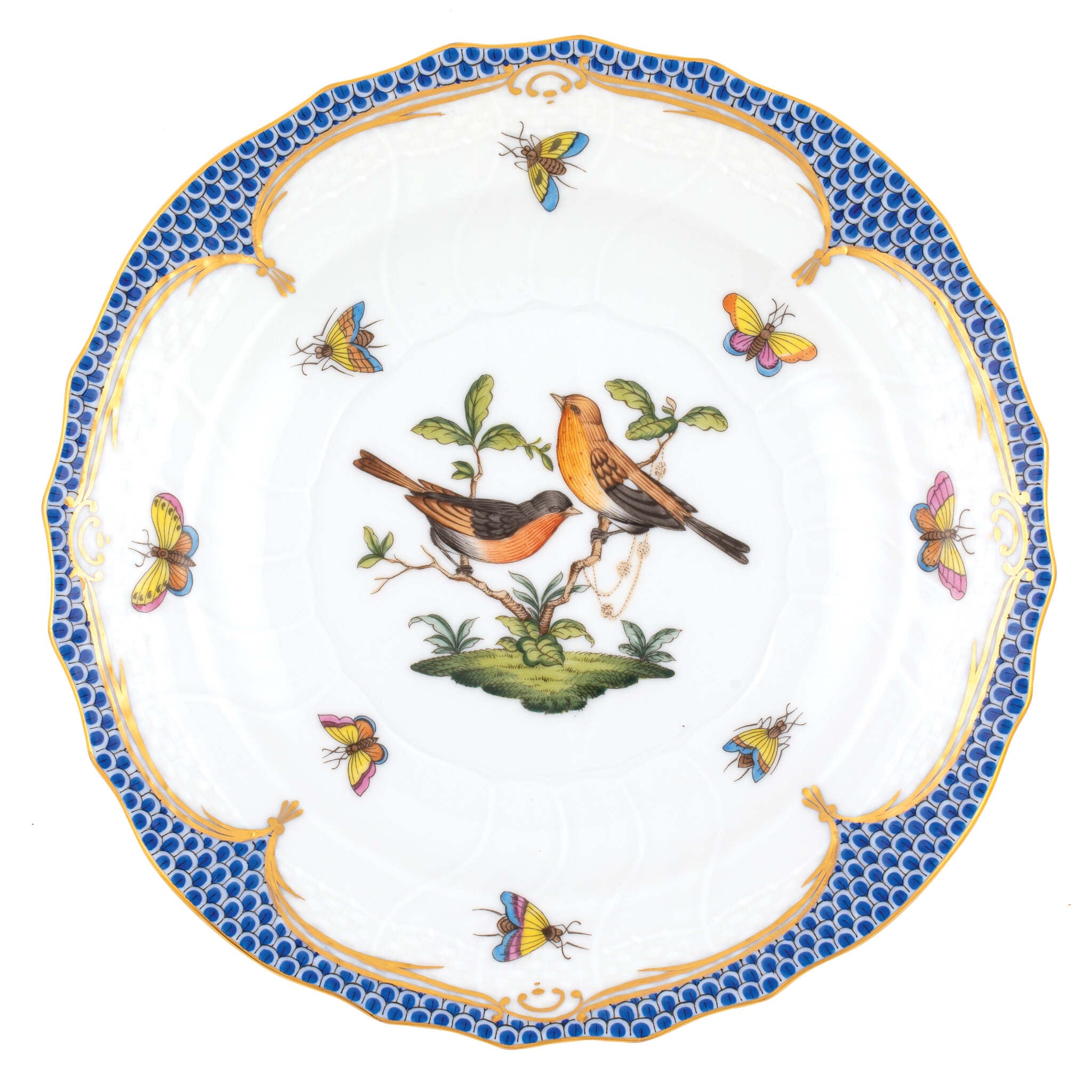 Hand-painted Herend Rothschild Bird Blue Border Salad Plate in fine porcelain, 7.5in D,, Motif 9, on a white background