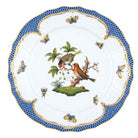 Hand-painted Herend Rothschild Bird Blue Border Service Plate in fine porcelain, 11in D,, Motif 10, on a white background