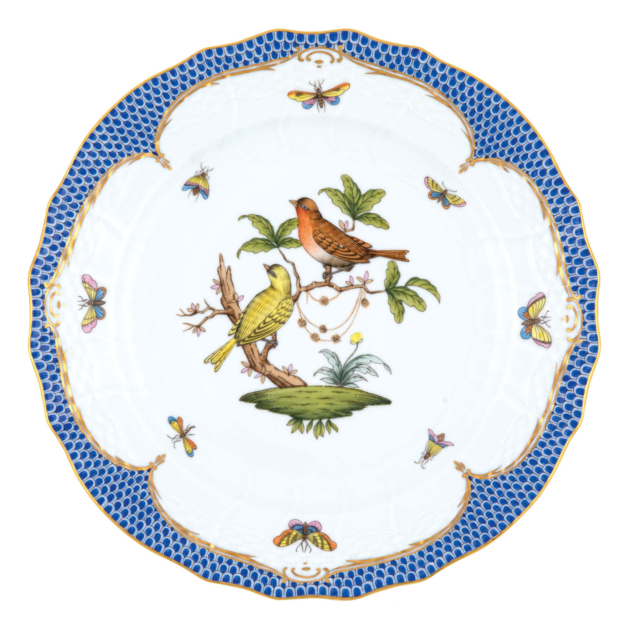Hand-painted Herend Rothschild Bird Blue Border Service Plate in fine porcelain, 11in D,, Motif 6, on a white background