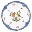 Hand-painted Herend Rothschild Bird Blue Border Service Plate in fine porcelain, 11in D,, Motif 7, on a white background