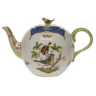Hand-painted Herend Rothschild Bird Blue Border Tea Pot with Bird Teapot in fine porcelain, (36 OZ) 5.5in H, on a white background