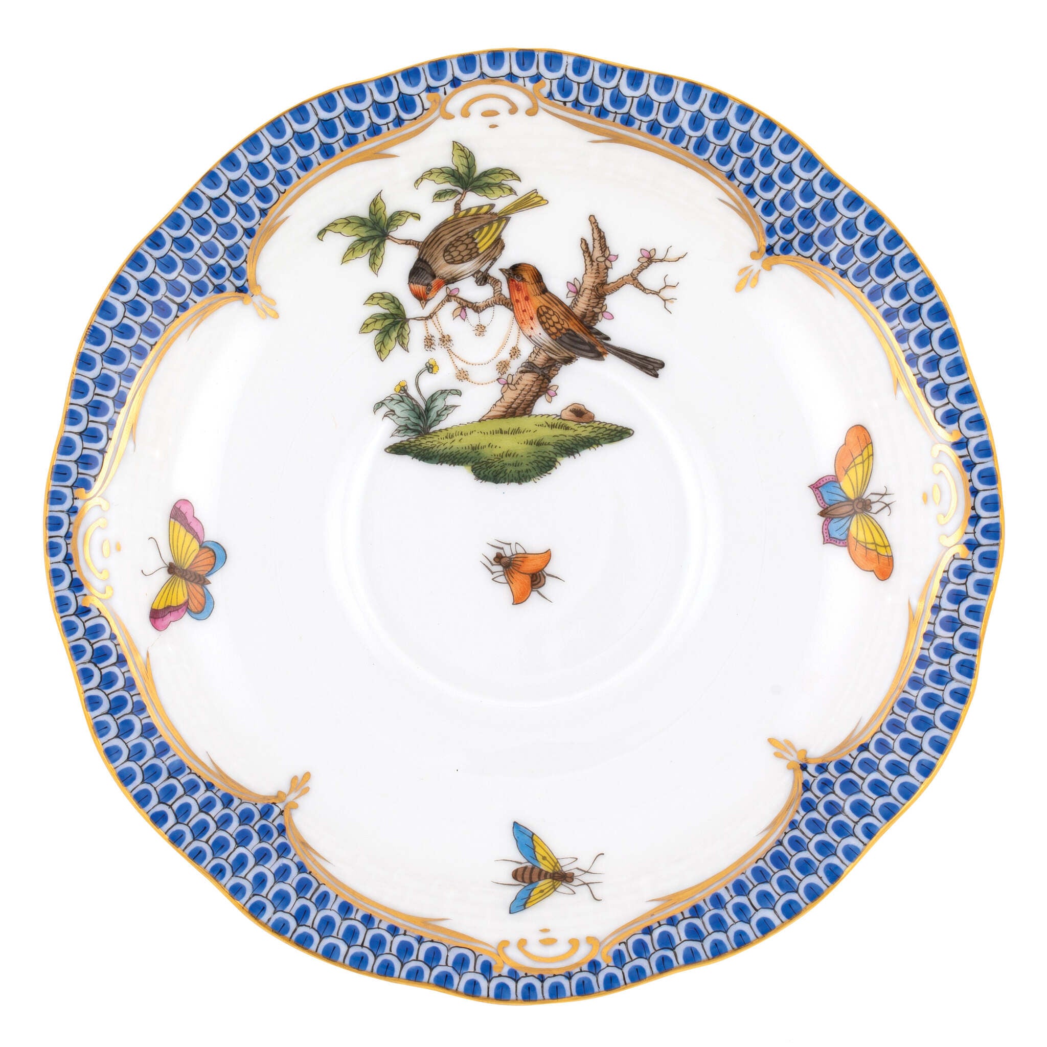 Hand-painted Herend Rothschild Bird Blue Border Tea Saucer Cup & Saucer Set in fine porcelain, 6in D,, Motif 10, on a white background