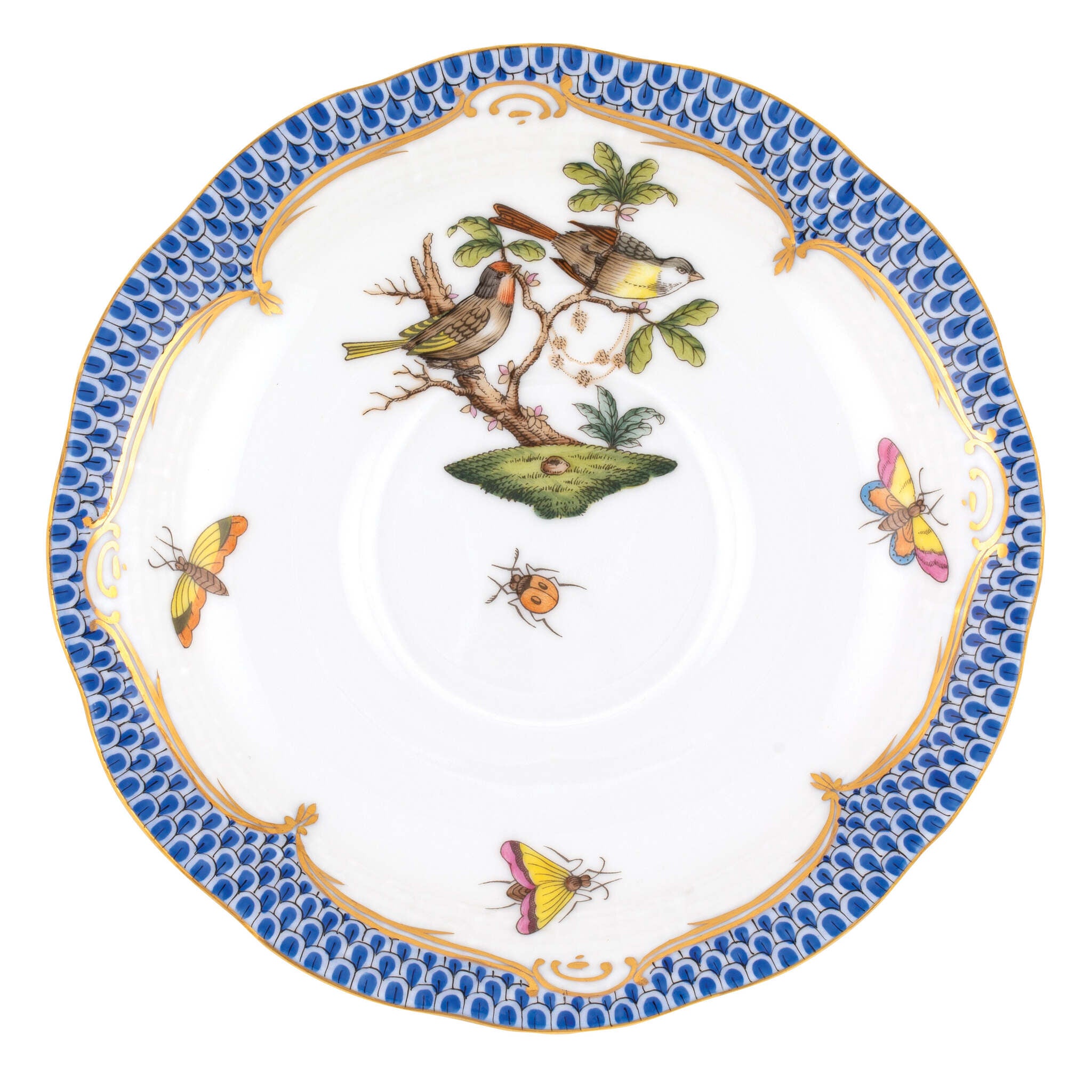 Hand-painted Herend Rothschild Bird Blue Border Tea Saucer Cup & Saucer Set in fine porcelain, 6in D,, Motif 11, on a white background