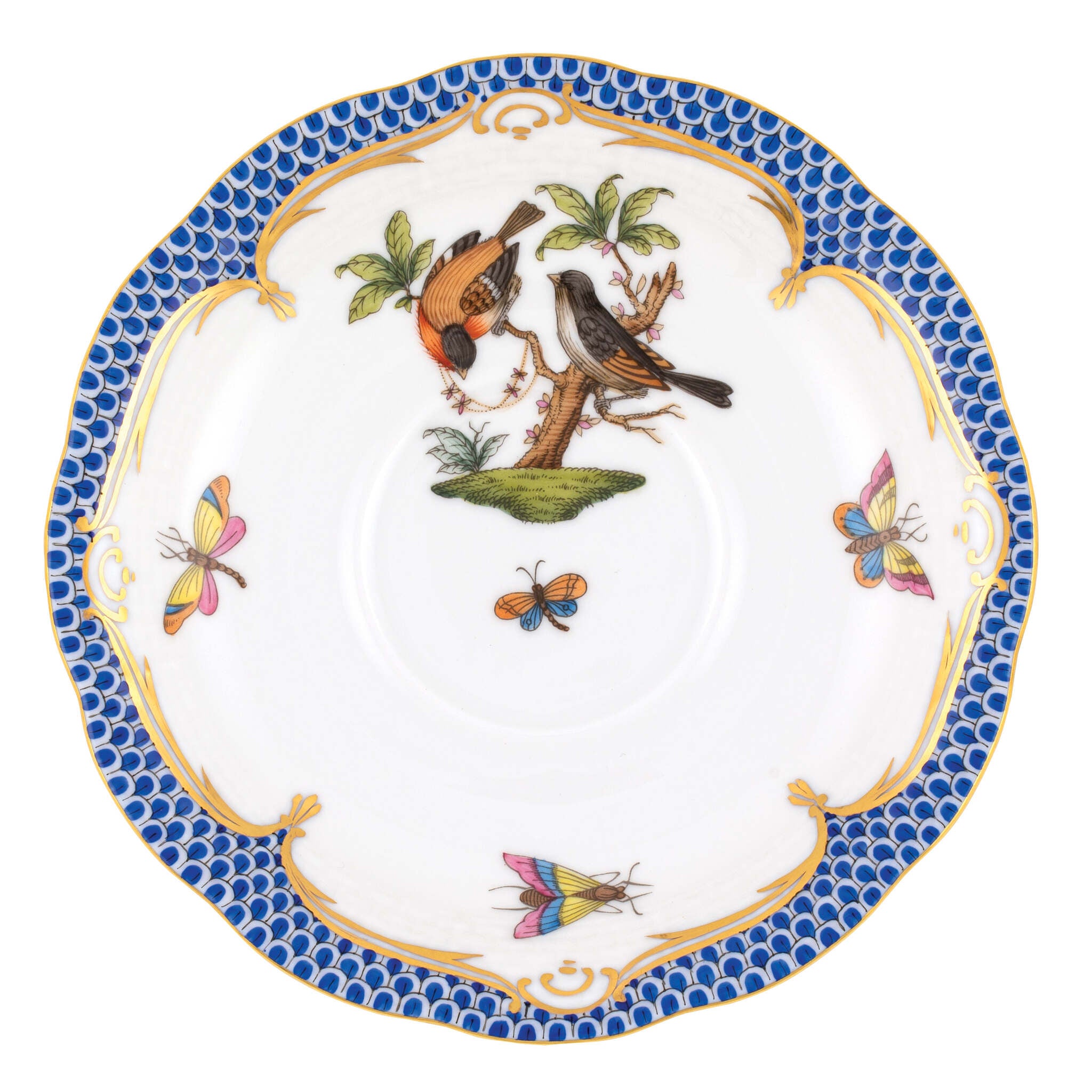Hand-painted Herend Rothschild Bird Blue Border Tea Saucer Cup & Saucer Set in fine porcelain, 6in D,, Motif 12, on a white background