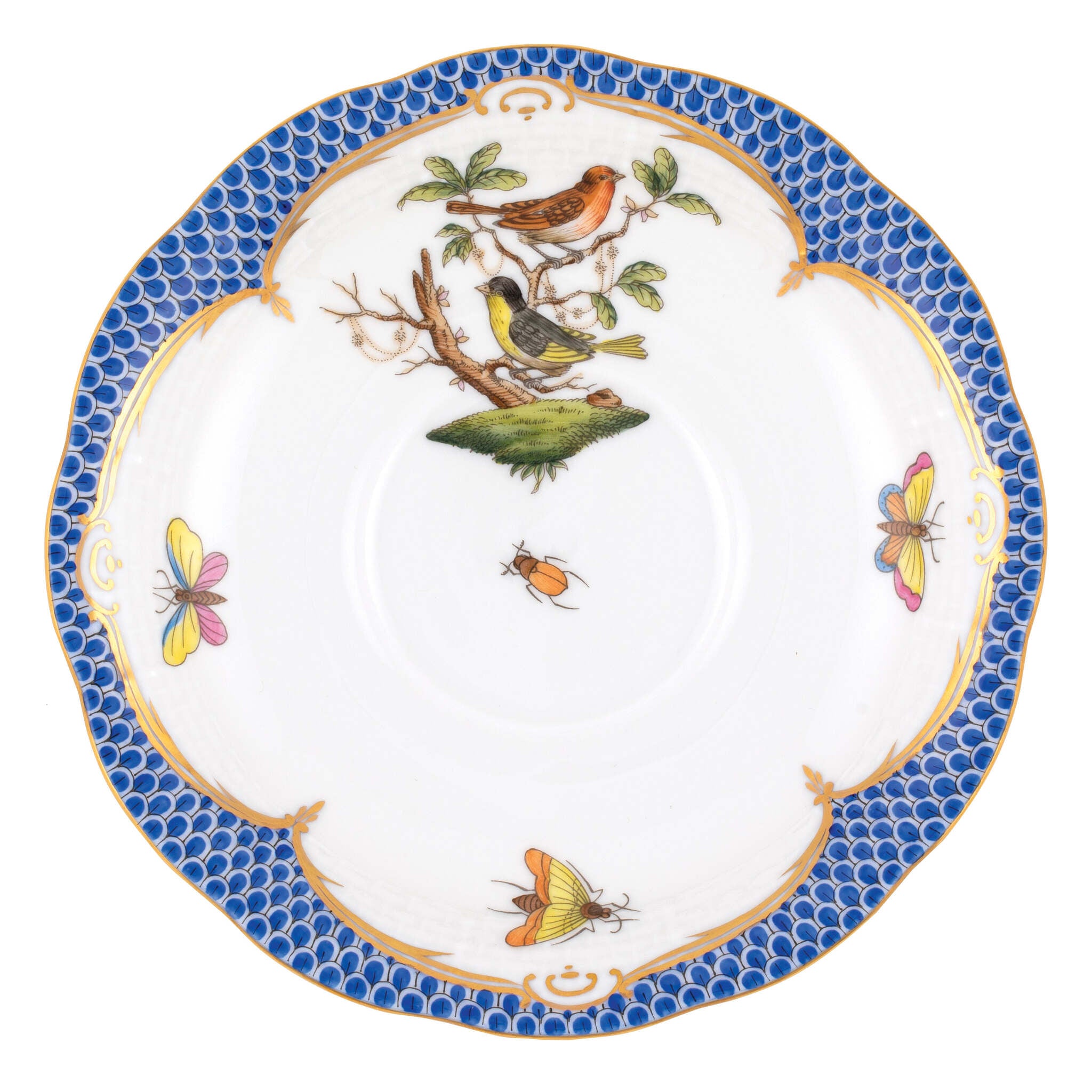 Hand-painted Herend Rothschild Bird Blue Border Tea Saucer Cup & Saucer Set in fine porcelain, 6in D,, Motif 3, on a white background