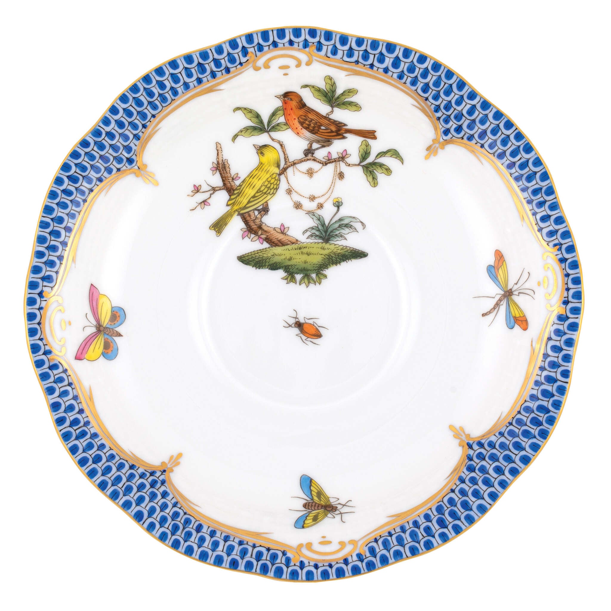 Hand-painted Herend Rothschild Bird Blue Border Tea Saucer Cup & Saucer Set in fine porcelain, 6in D,, Motif 6, on a white background