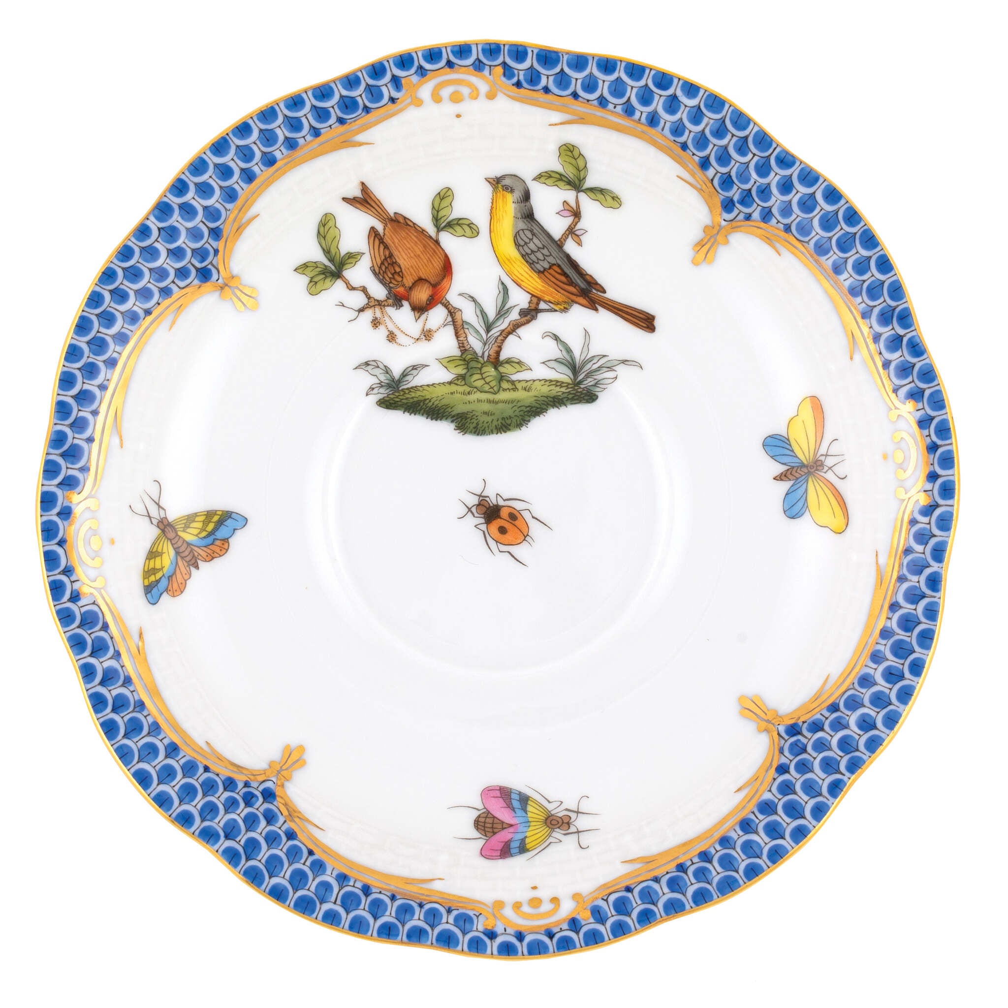 Hand-painted Herend Rothschild Bird Blue Border Tea Saucer Cup & Saucer Set in fine porcelain, 6in D,, Motif 7, on a white background