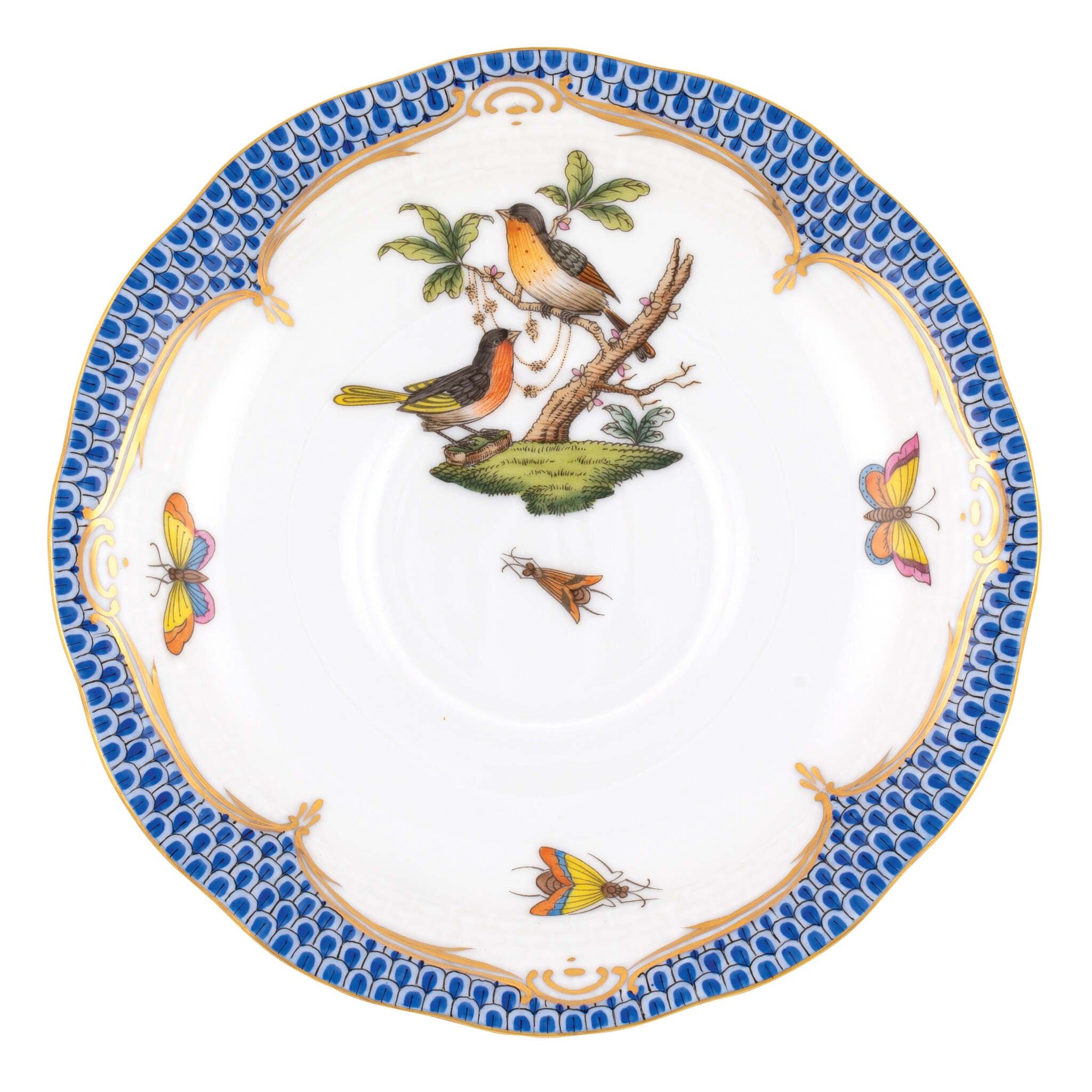 Hand-painted Herend Rothschild Bird Blue Border Tea Saucer Cup & Saucer Set in fine porcelain, 6in D,, Motif 8, on a white background