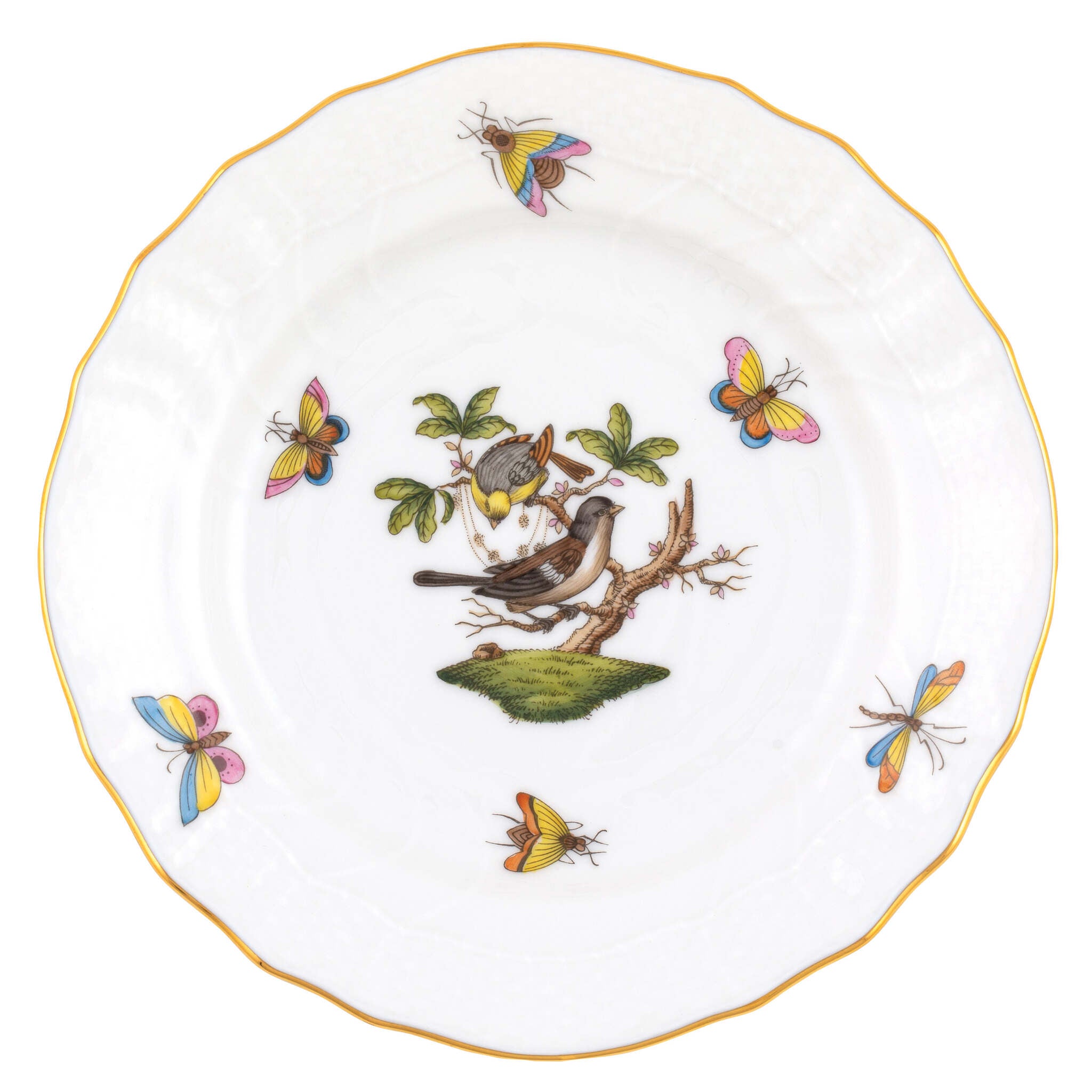 Hand-painted Herend Rothschild Bird Bread and Butter Plate in fine porcelain, 6in D,, Motif 1, on a white background