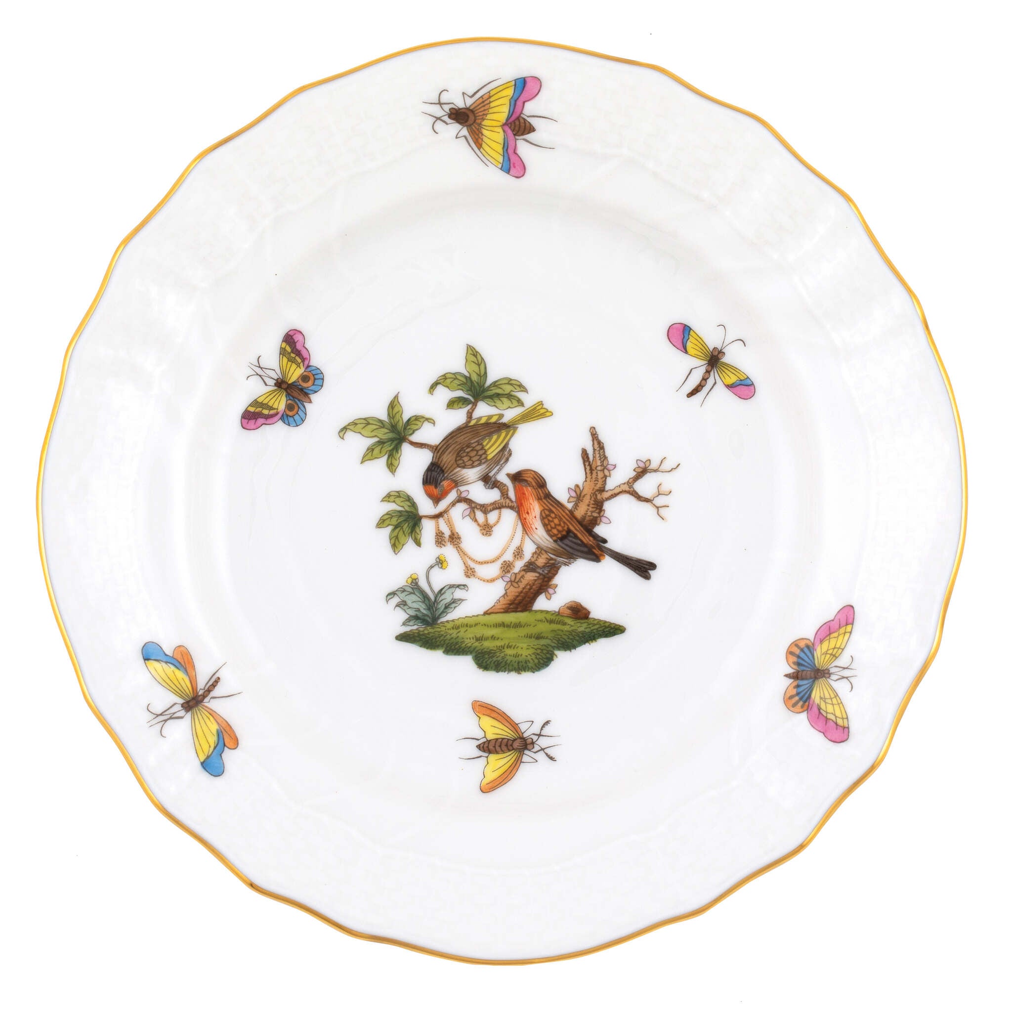 Hand-painted Herend Rothschild Bird Bread and Butter Plate in fine porcelain, 6in D,, Motif 10, on a white background