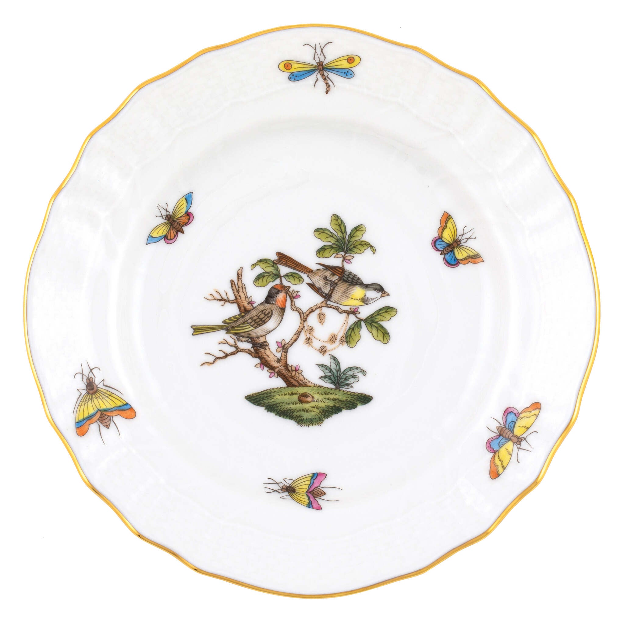 Hand-painted Herend Rothschild Bird Bread and Butter Plate in fine porcelain, 6in D,, Motif 11, on a white background