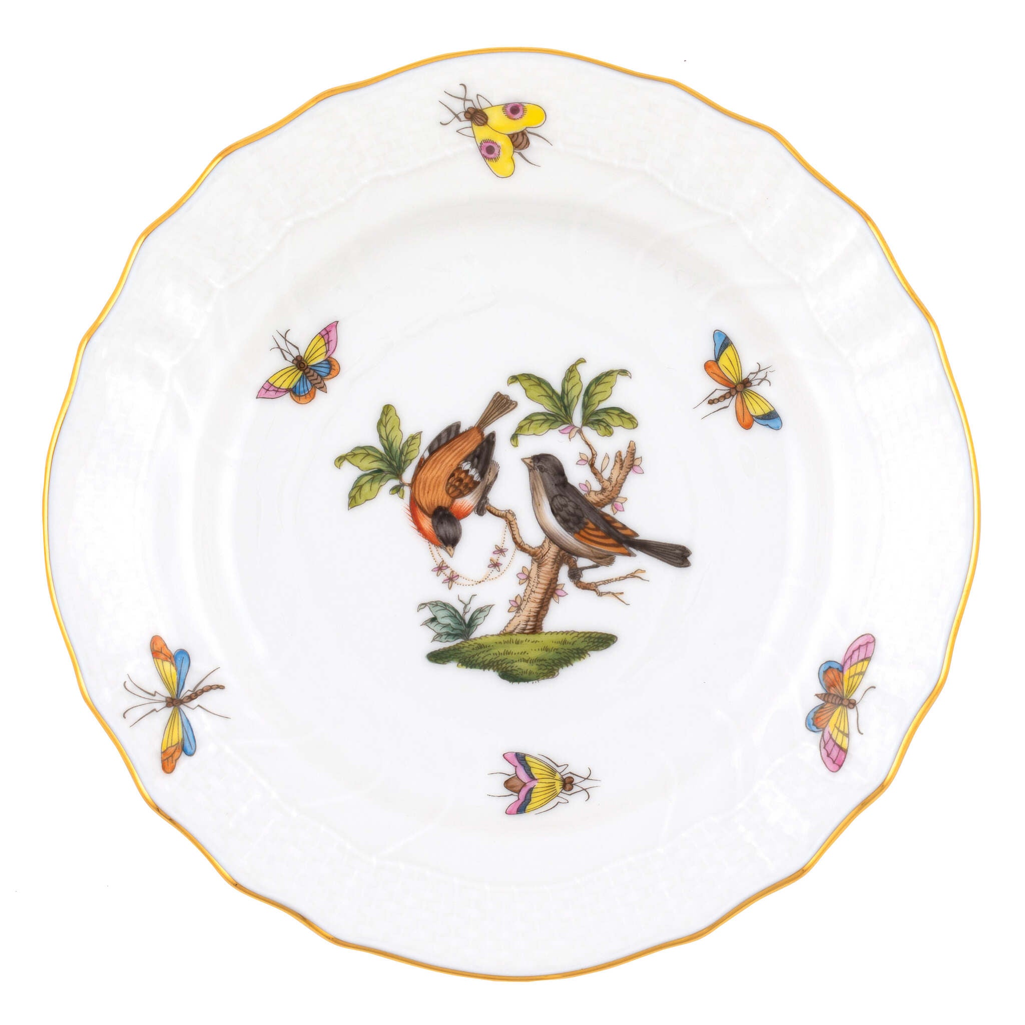 Hand-painted Herend Rothschild Bird Bread and Butter Plate in fine porcelain, 6in D,, Motif 12, on a white background