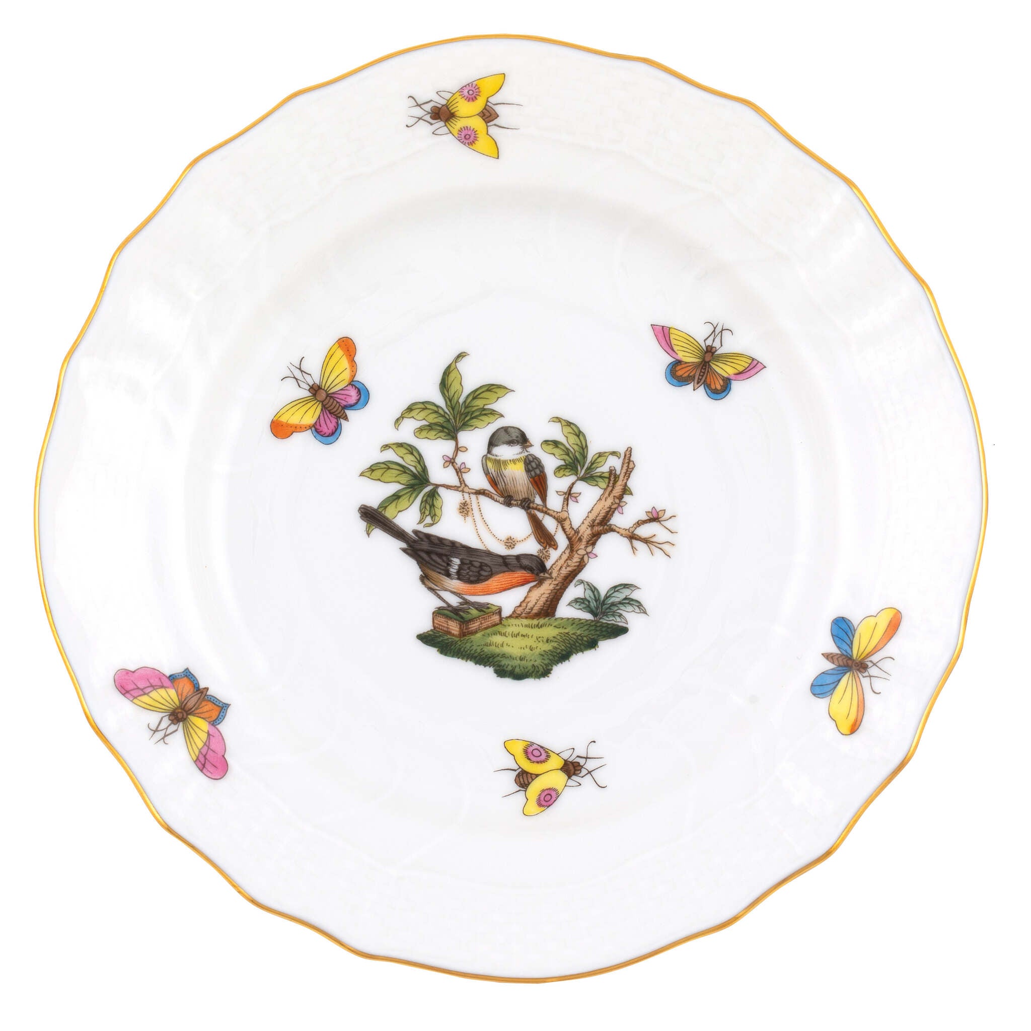 Hand-painted Herend Rothschild Bird Bread and Butter Plate in fine porcelain, 6in D,, Motif 2, on a white background