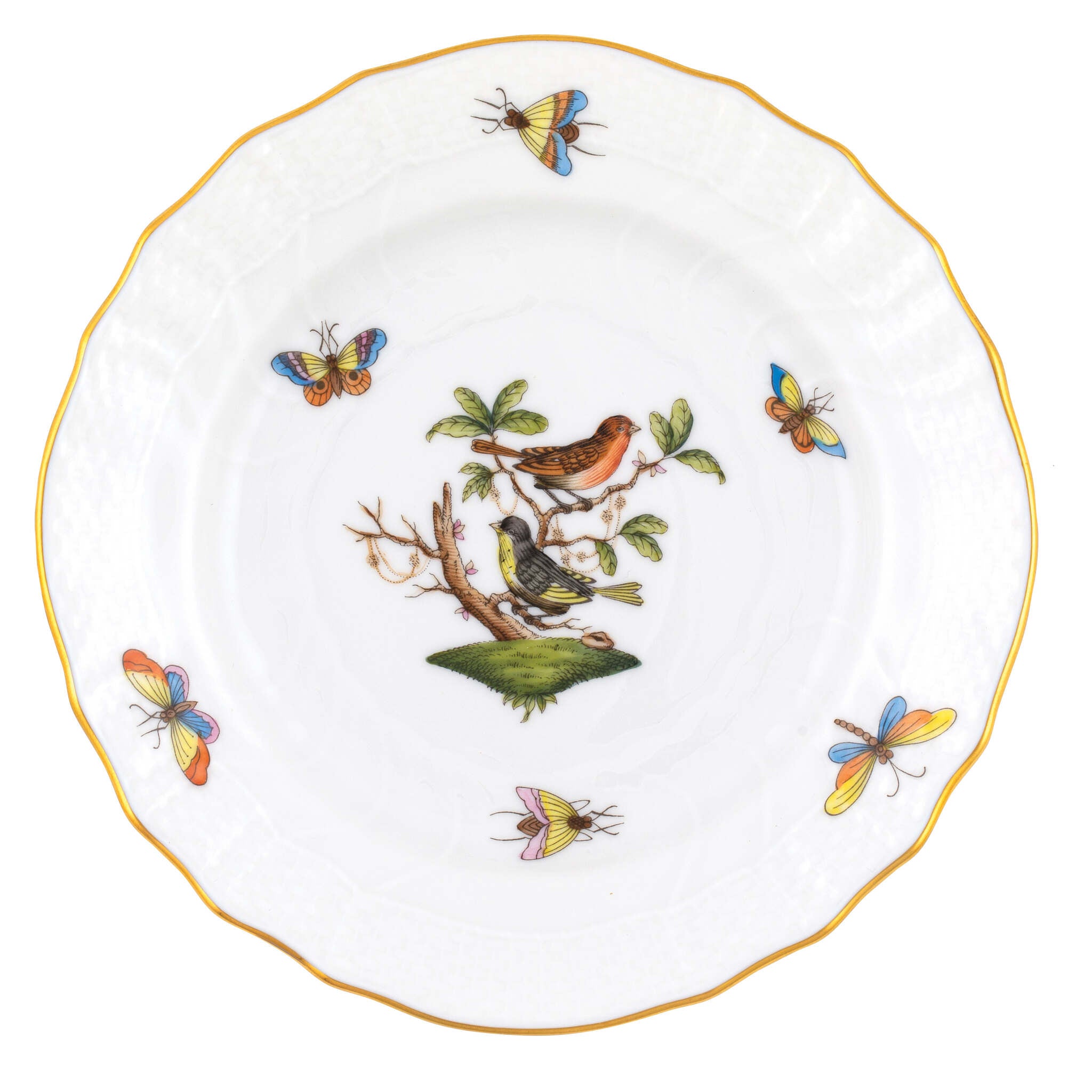 Hand-painted Herend Rothschild Bird Bread and Butter Plate in fine porcelain, 6in D,, Motif 3, on a white background