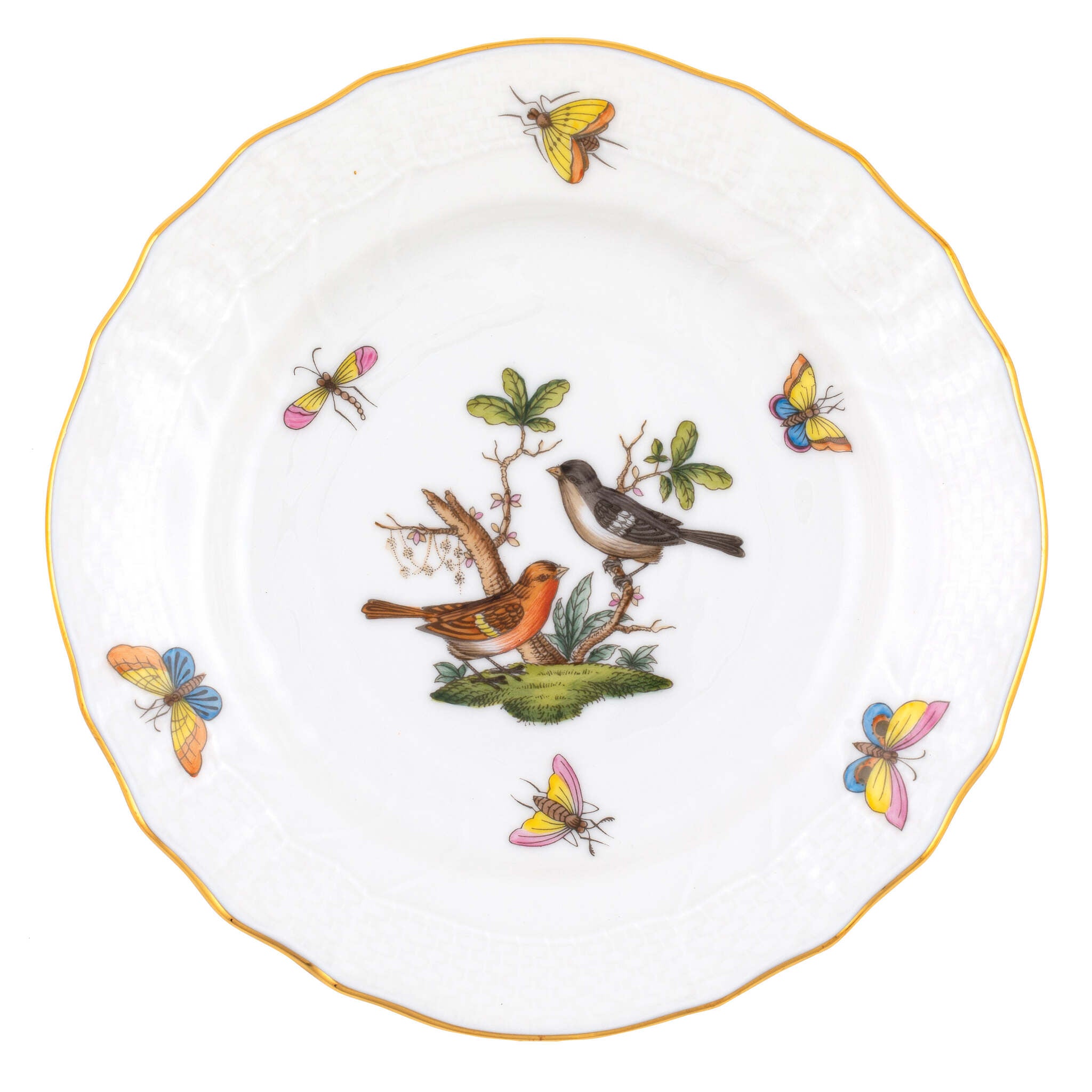 Hand-painted Herend Rothschild Bird Bread and Butter Plate in fine porcelain, 6in D,, Motif 5, on a white background