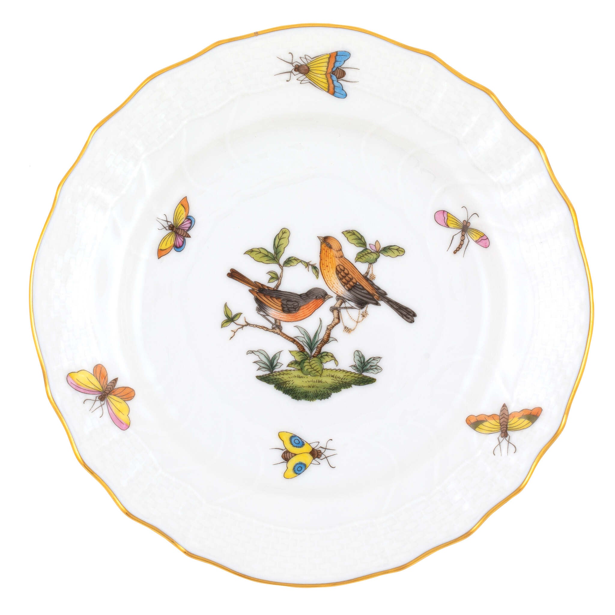 Hand-painted Herend Rothschild Bird Bread and Butter Plate in fine porcelain, 6in D,, Motif 9, on a white background
