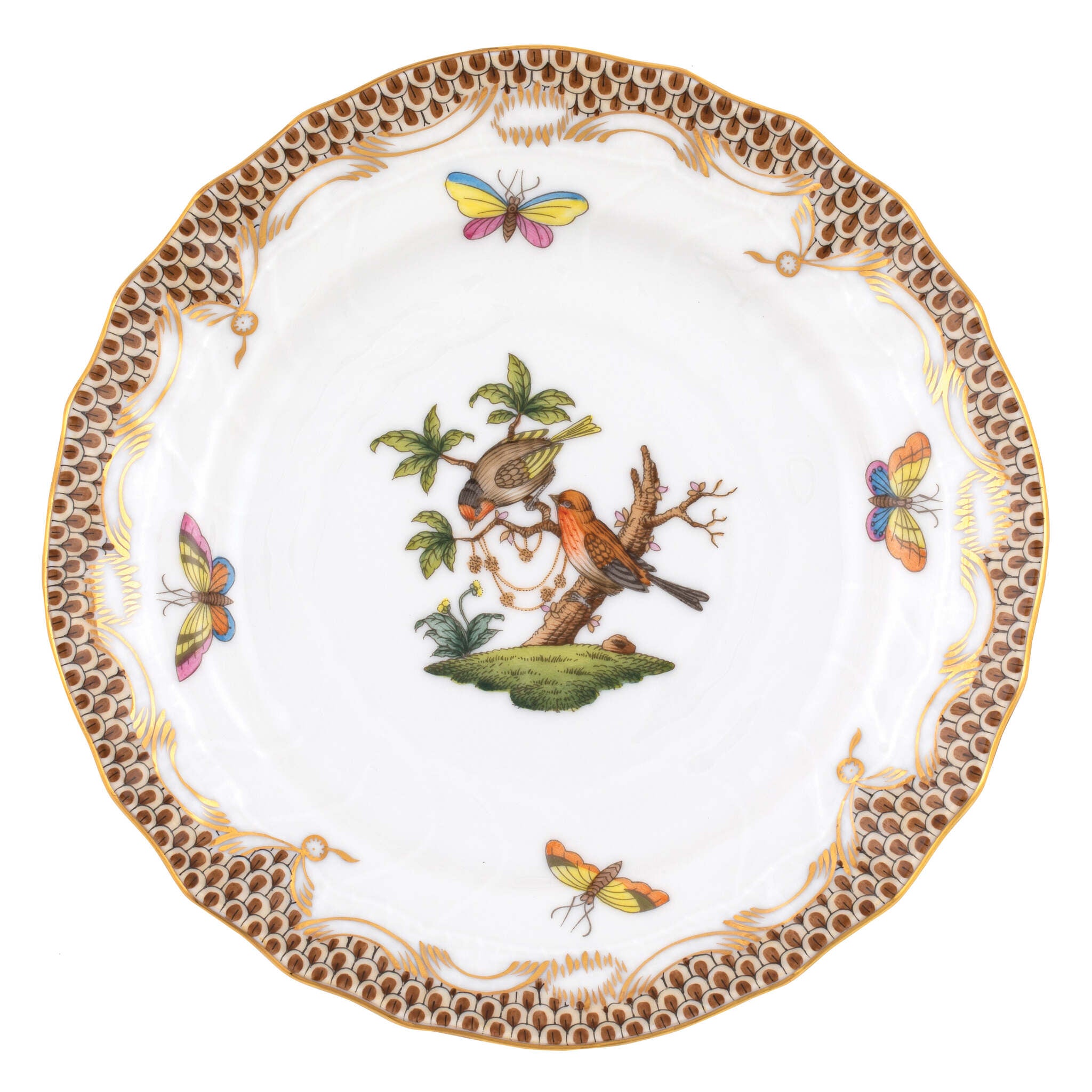 Hand-painted Herend Rothschild Bird Brown Border Bread and Butter Plate in fine porcelain, 6in D,, Motif 10, on a white background