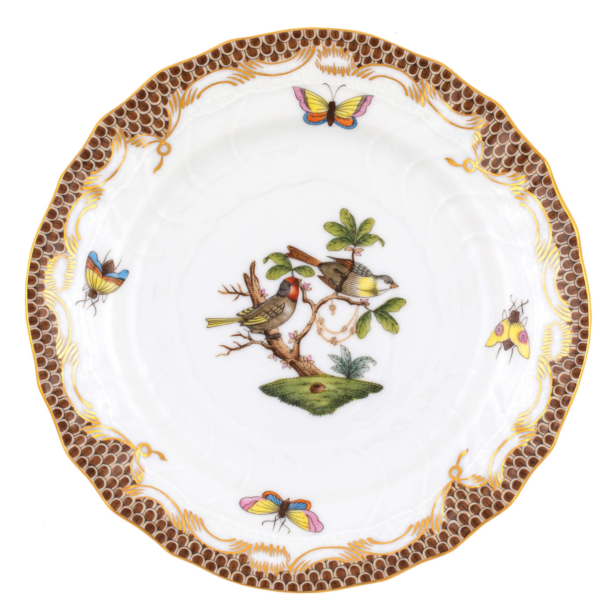 Hand-painted Herend Rothschild Bird Brown Border Bread and Butter Plate in fine porcelain, 6in D,, Motif 11, on a white background