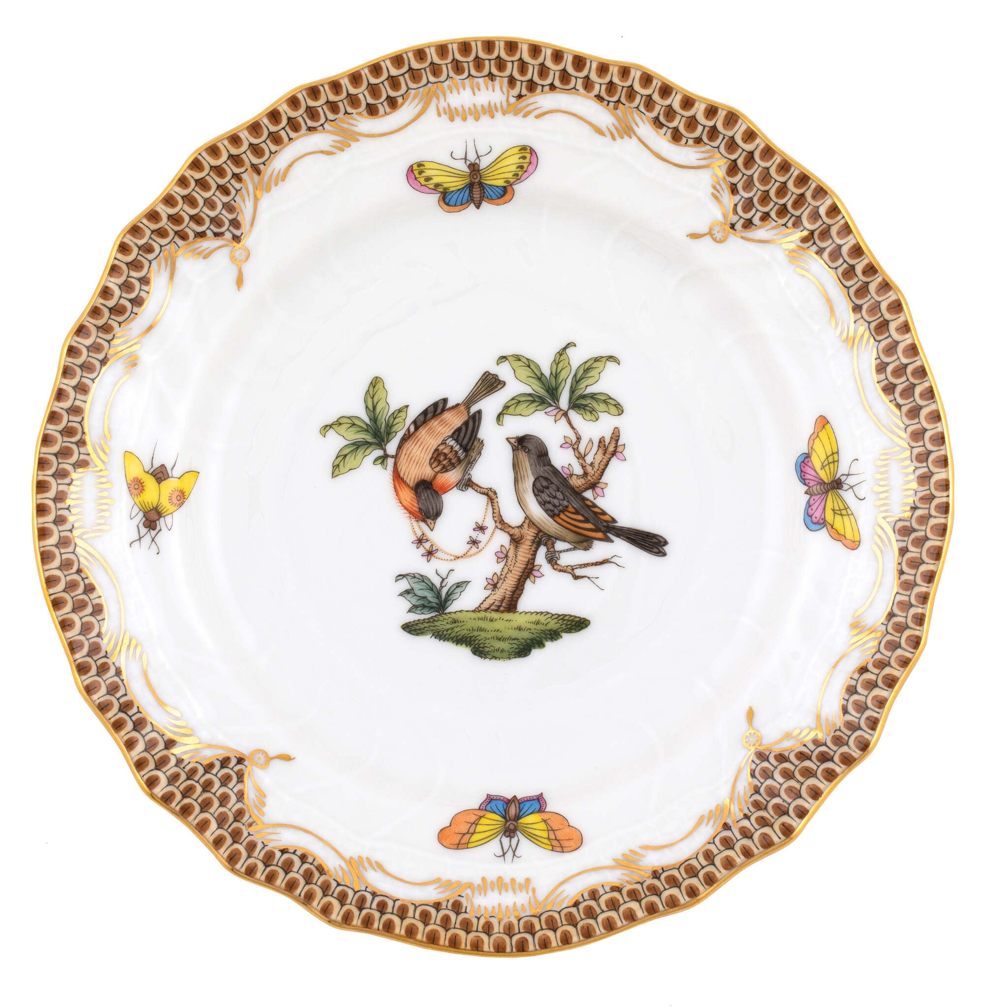 Hand-painted Herend Rothschild Bird Brown Border Bread and Butter Plate in fine porcelain, 6in D,, Motif 12, on a white background