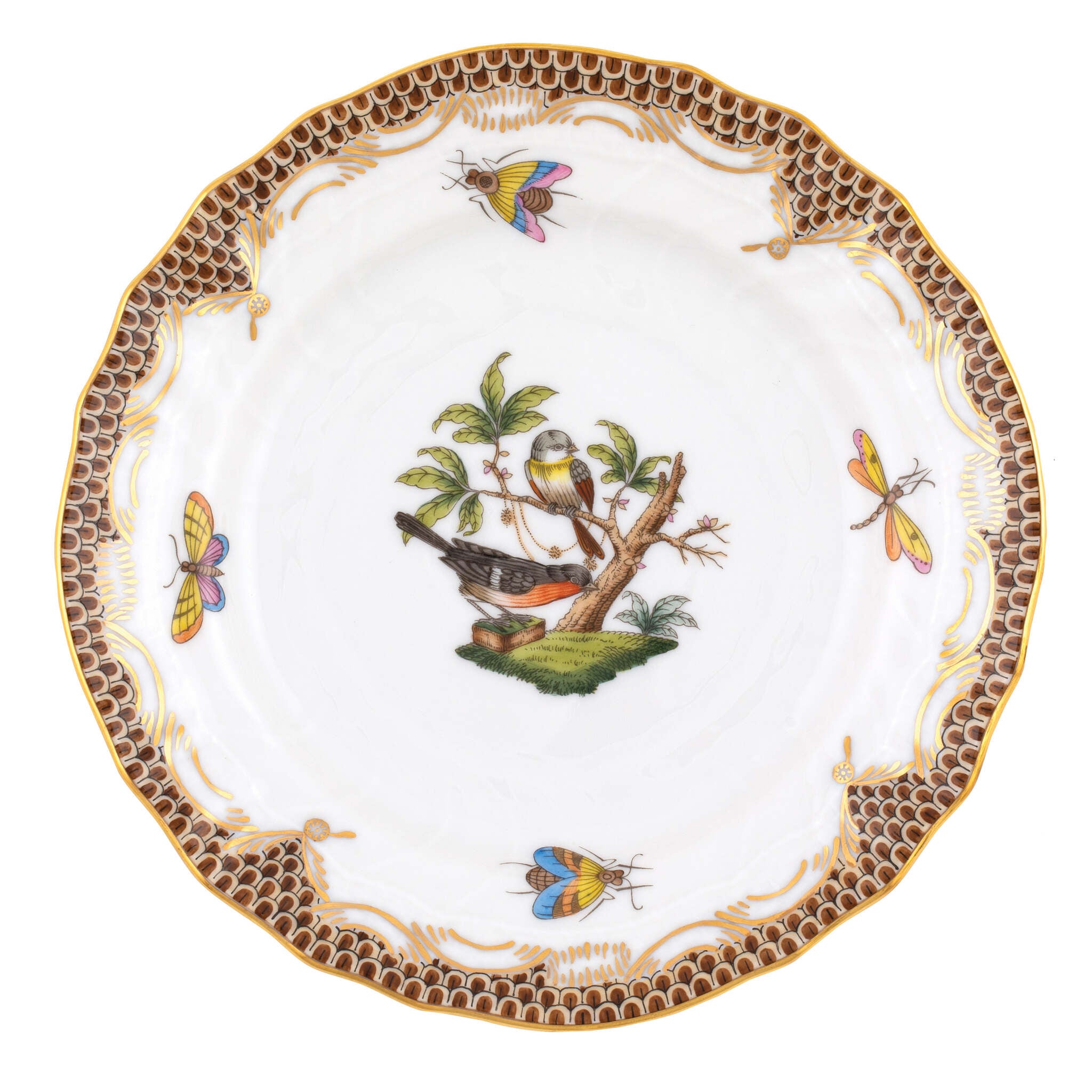 Hand-painted Herend Rothschild Bird Brown Border Bread and Butter Plate in fine porcelain, 6in D,, Motif 2, on a white background