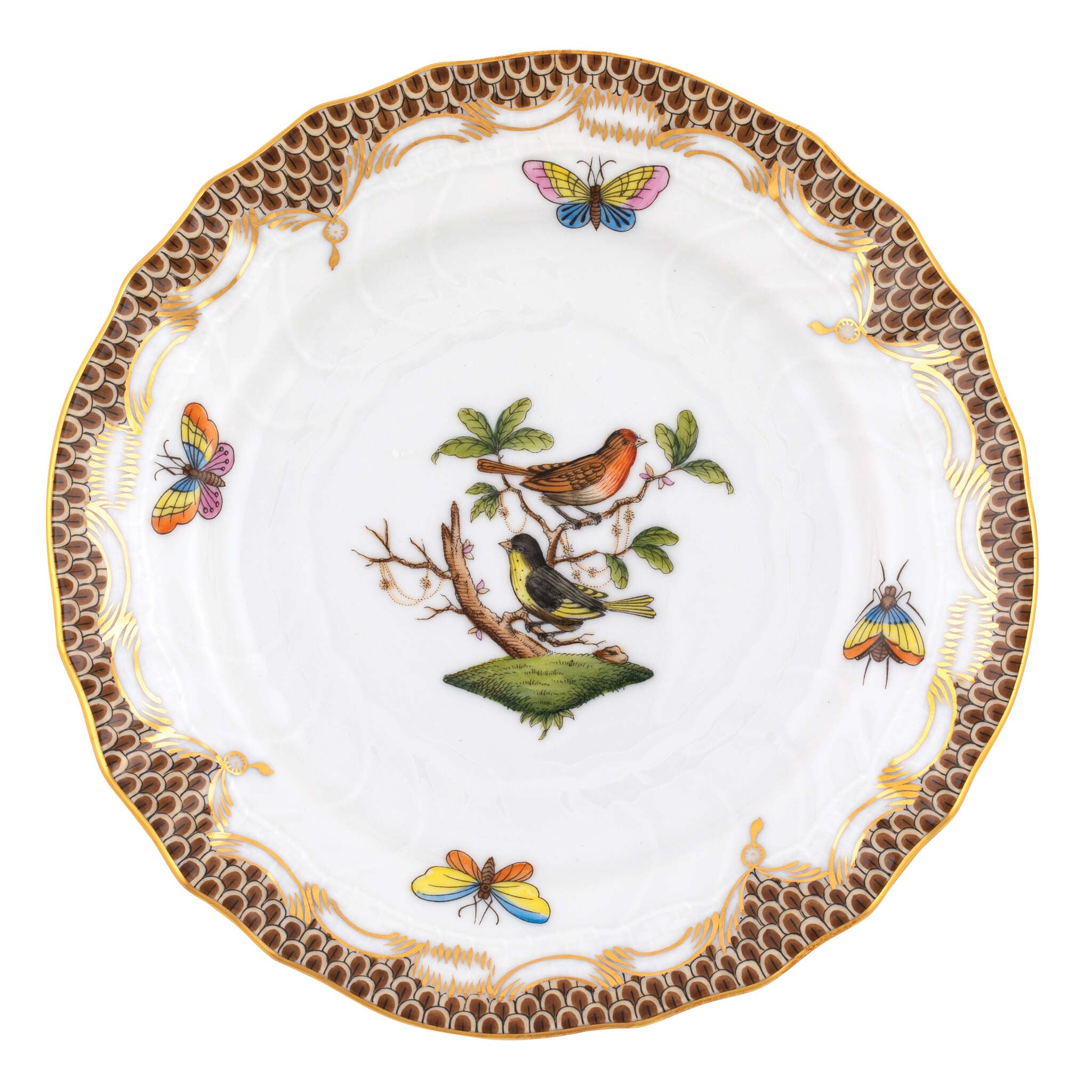 Hand-painted Herend Rothschild Bird Brown Border Bread and Butter Plate in fine porcelain, 6in D,, Motif 3, on a white background