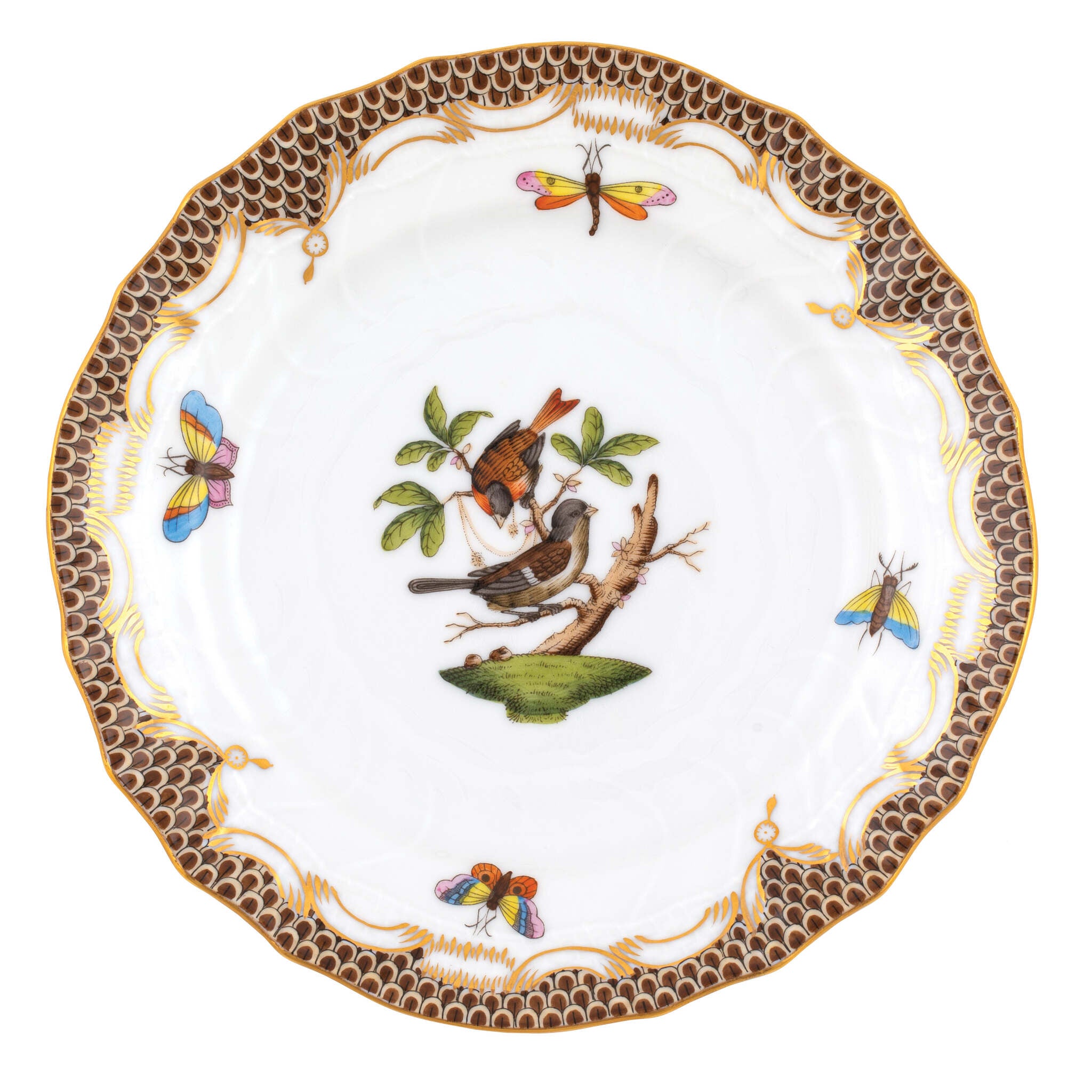 Hand-painted Herend Rothschild Bird Brown Border Bread and Butter Plate in fine porcelain, 6in D,, Motif 4, on a white background
