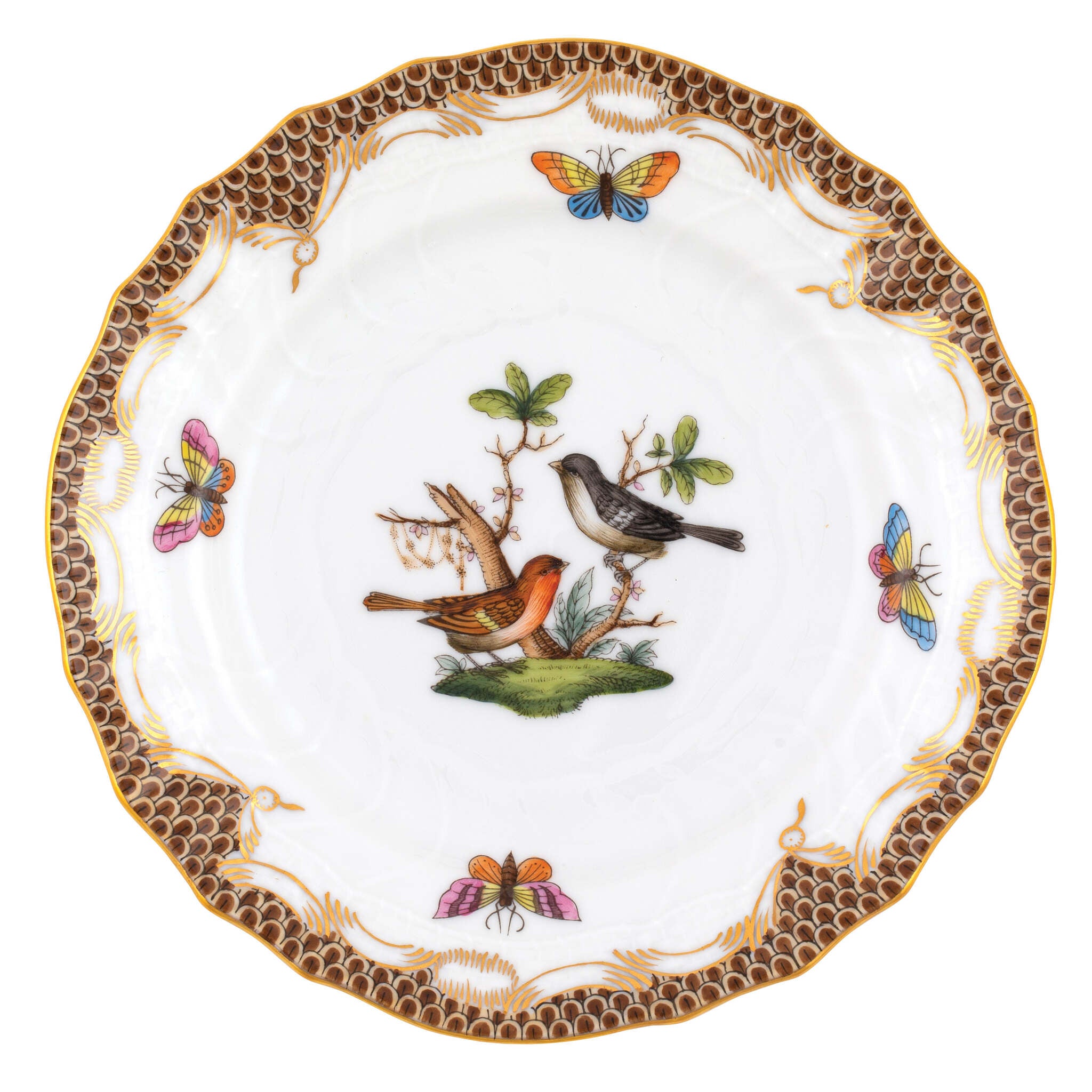 Hand-painted Herend Rothschild Bird Brown Border Bread and Butter Plate in fine porcelain, 6in D,, Motif 5, on a white background