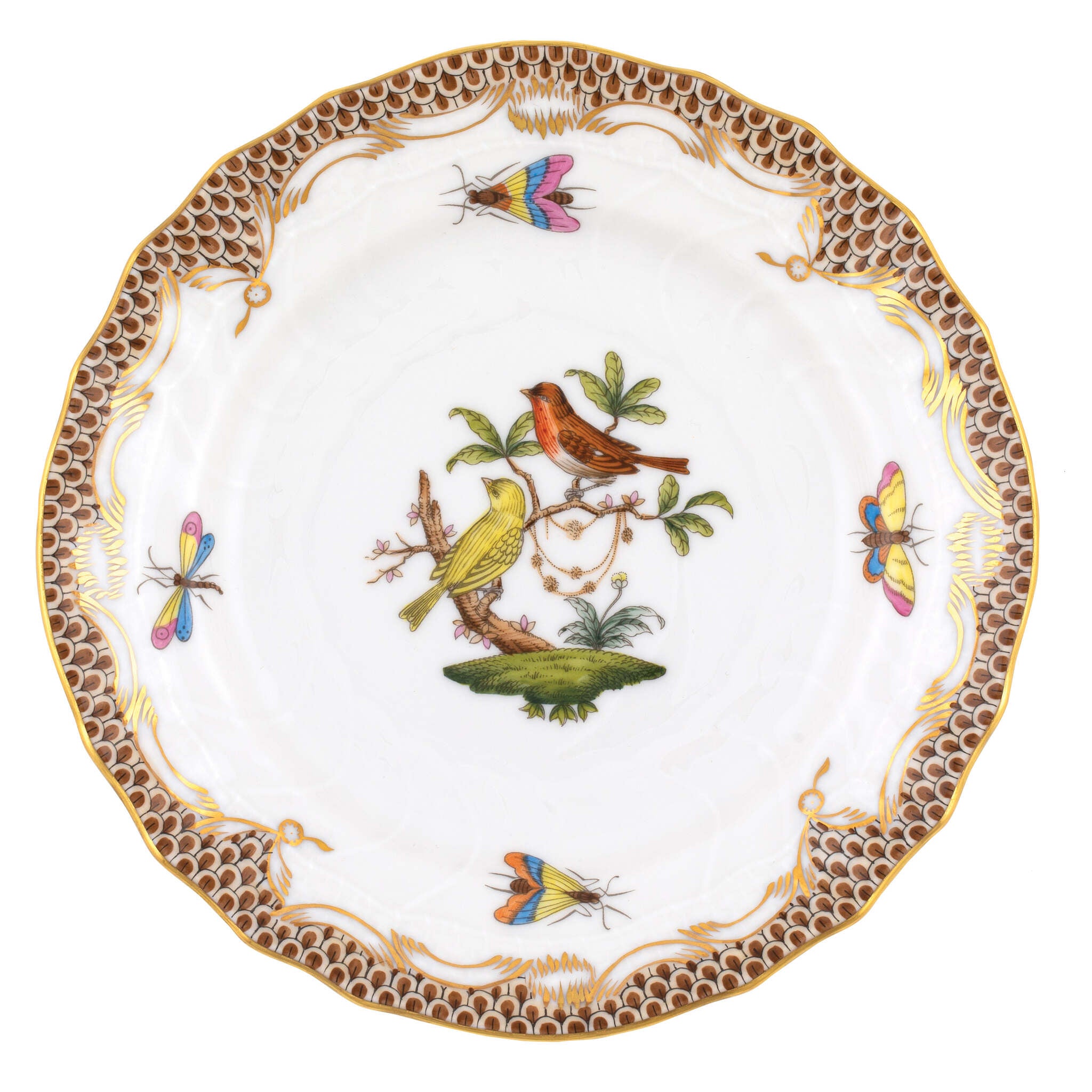 Hand-painted Herend Rothschild Bird Brown Border Bread and Butter Plate in fine porcelain, 6in D,, Motif 6, on a white background