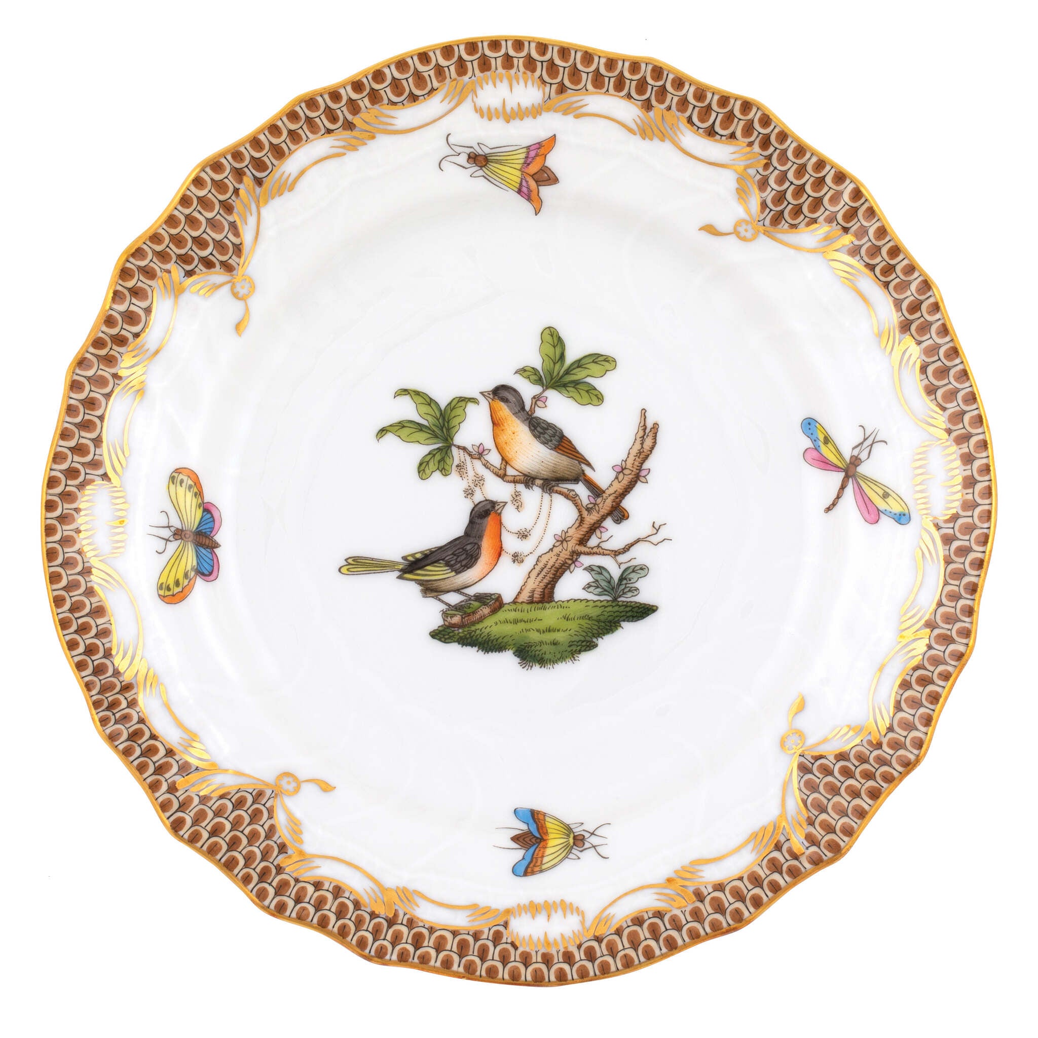 Hand-painted Herend Rothschild Bird Brown Border Bread and Butter Plate in fine porcelain, 6in D,, Motif 8, on a white background