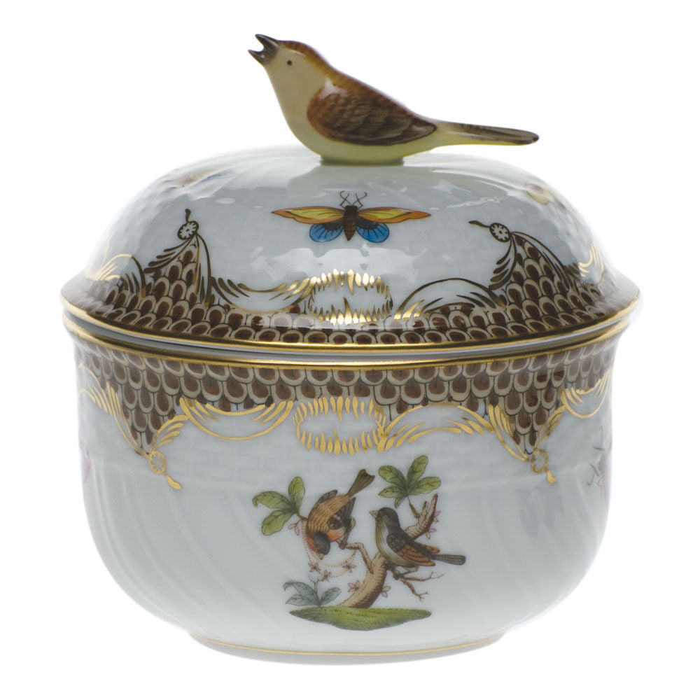Hand-painted Herend Rothschild Bird Brown Border Covered Sugar with Bird Sugar Bowl in fine porcelain, (6 OZ) 4in H, on a white background