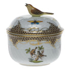 Hand-painted Herend Rothschild Bird Brown Border Covered Sugar with Bird Sugar Bowl in fine porcelain, (6 OZ) 4in H, on a white background