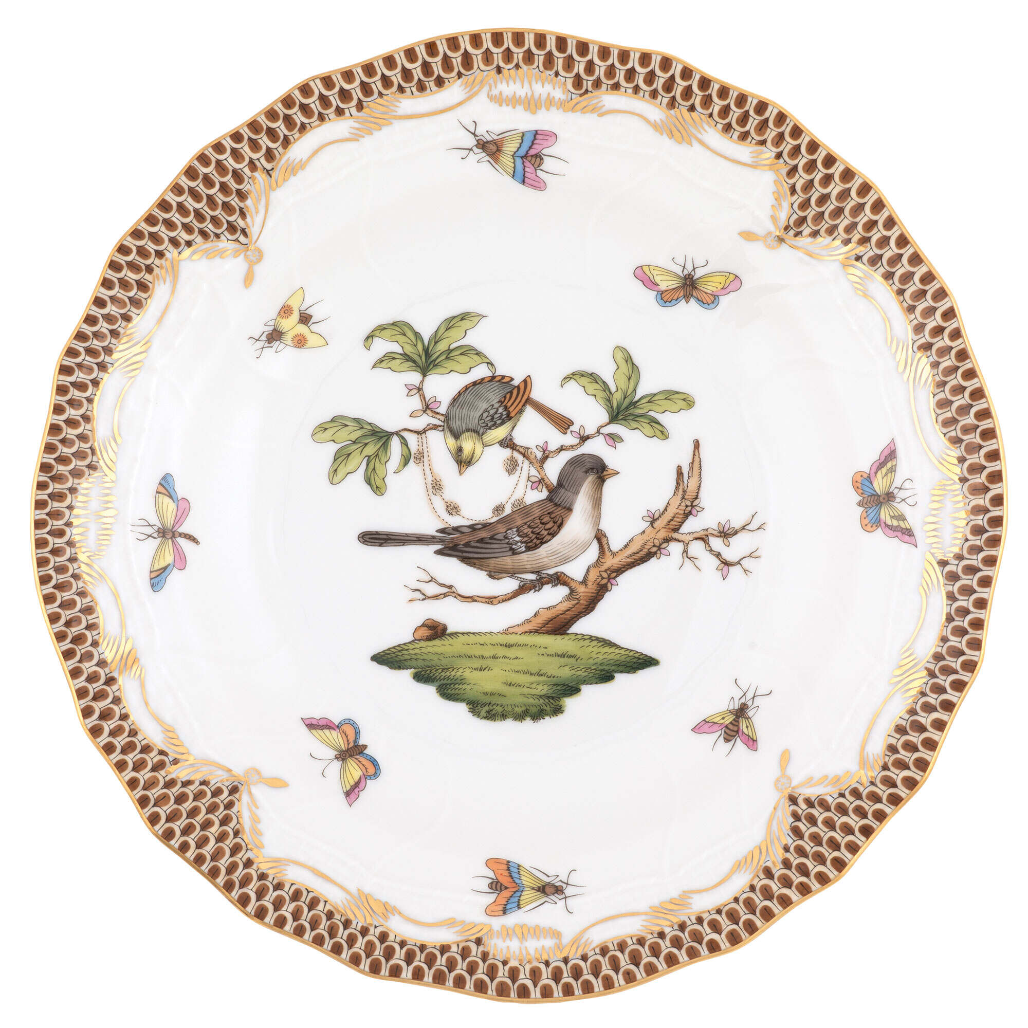 Hand-painted Herend Rothschild Bird Brown Border Dessert Plate in fine porcelain, 8.25in D,, Motif 1, on a white background