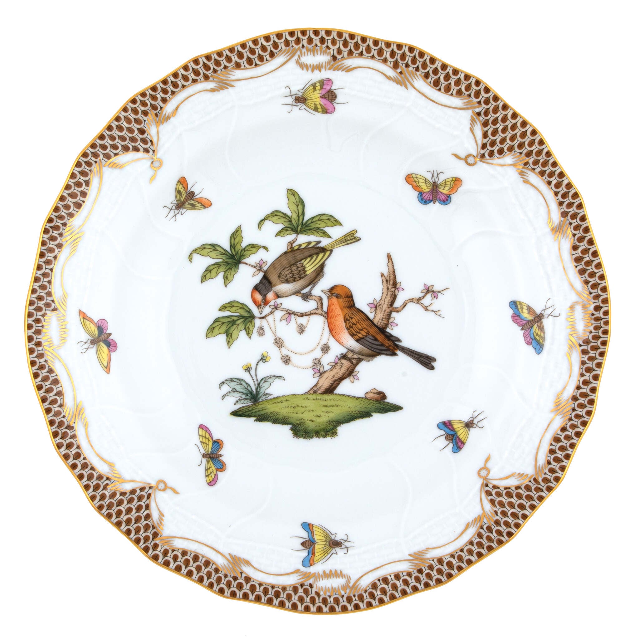 Hand-painted Herend Rothschild Bird Brown Border Dessert Plate in fine porcelain, 8.25in D,, Motif 10, on a white background