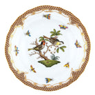 Hand-painted Herend Rothschild Bird Brown Border Dessert Plate in fine porcelain, 8.25in D,, Motif 11, on a white background