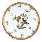 Hand-painted Herend Rothschild Bird Brown Border Dessert Plate in fine porcelain, 8.25in D,, Motif 12, on a white background