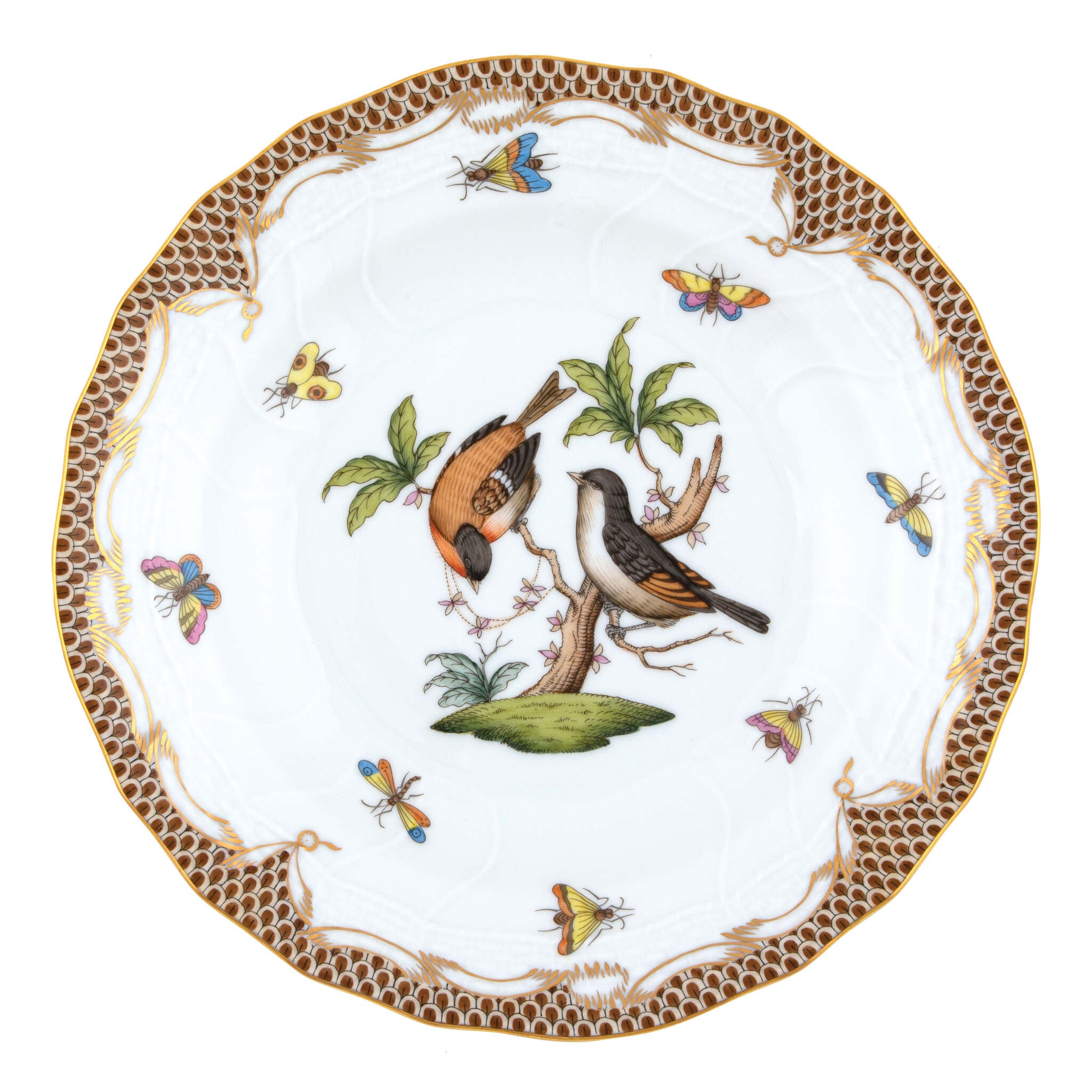 Hand-painted Herend Rothschild Bird Brown Border Dessert Plate in fine porcelain, 8.25in D,, Motif 12, on a white background