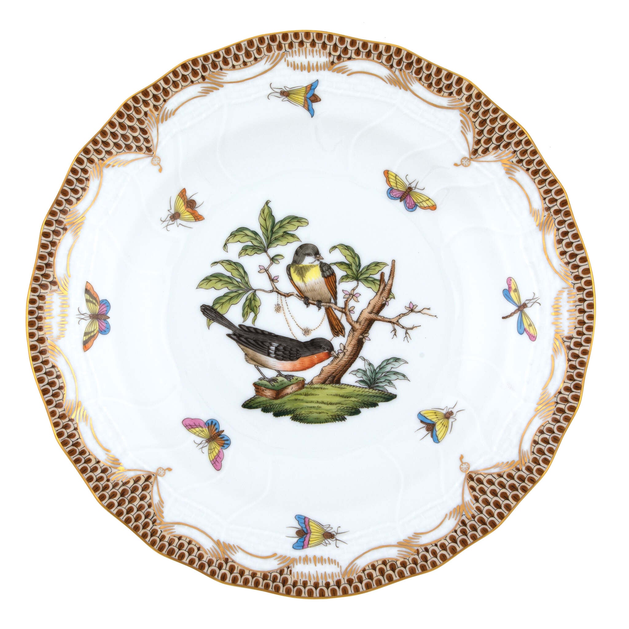Hand-painted Herend Rothschild Bird Brown Border Dessert Plate in fine porcelain, 8.25in D,, Motif 2, on a white background