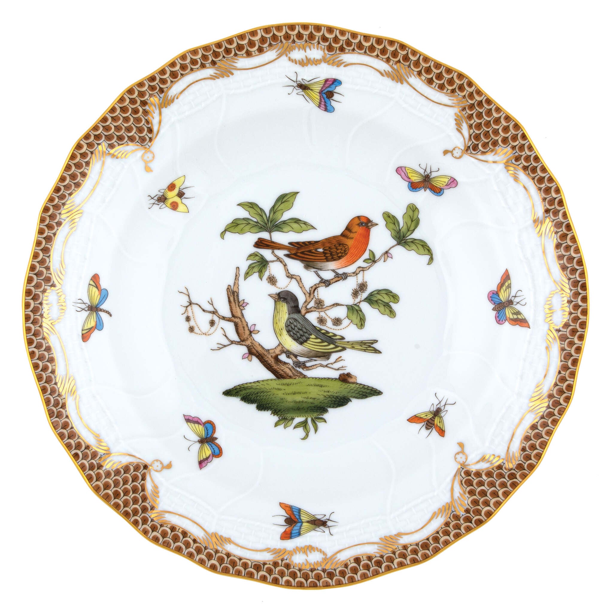 Hand-painted Herend Rothschild Bird Brown Border Dessert Plate in fine porcelain, 8.25in D,, Motif 3, on a white background