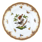 Hand-painted Herend Rothschild Bird Brown Border Dessert Plate in fine porcelain, 8.25in D,, Motif 4, on a white background