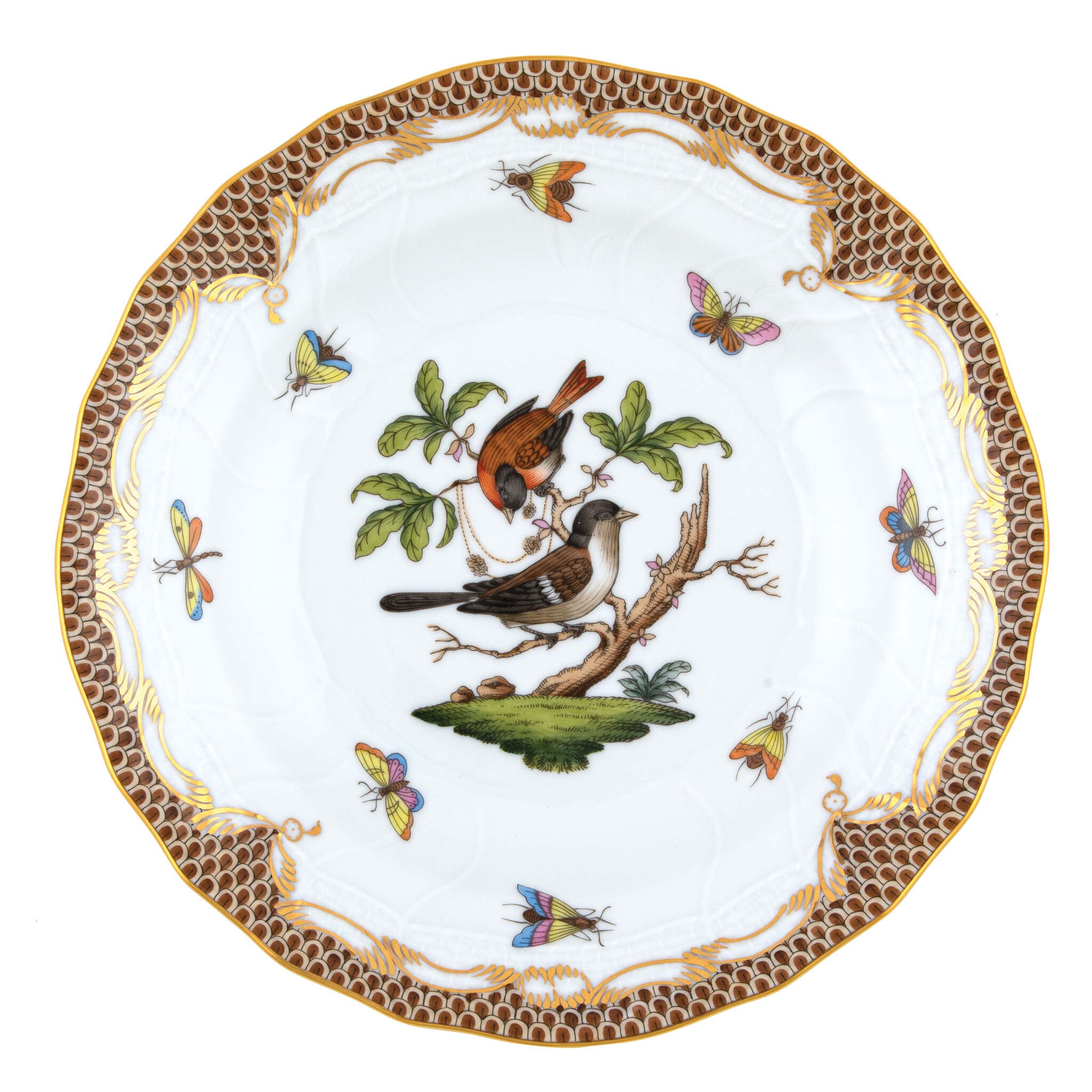 Hand-painted Herend Rothschild Bird Brown Border Dessert Plate in fine porcelain, 8.25in D,, Motif 4, on a white background