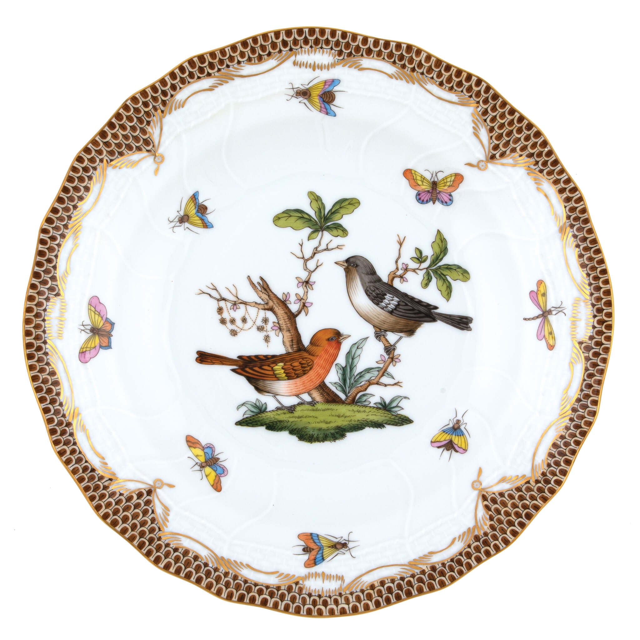 Hand-painted Herend Rothschild Bird Brown Border Dessert Plate in fine porcelain, 8.25in D,, Motif 5, on a white background