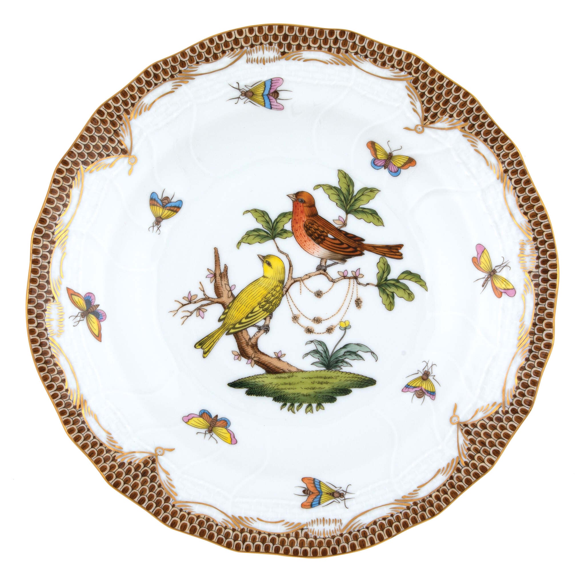 Hand-painted Herend Rothschild Bird Brown Border Dessert Plate in fine porcelain, 8.25in D,, Motif 6, on a white background