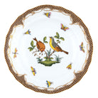 Hand-painted Herend Rothschild Bird Brown Border Dessert Plate in fine porcelain, 8.25in D,, Motif 7, on a white background