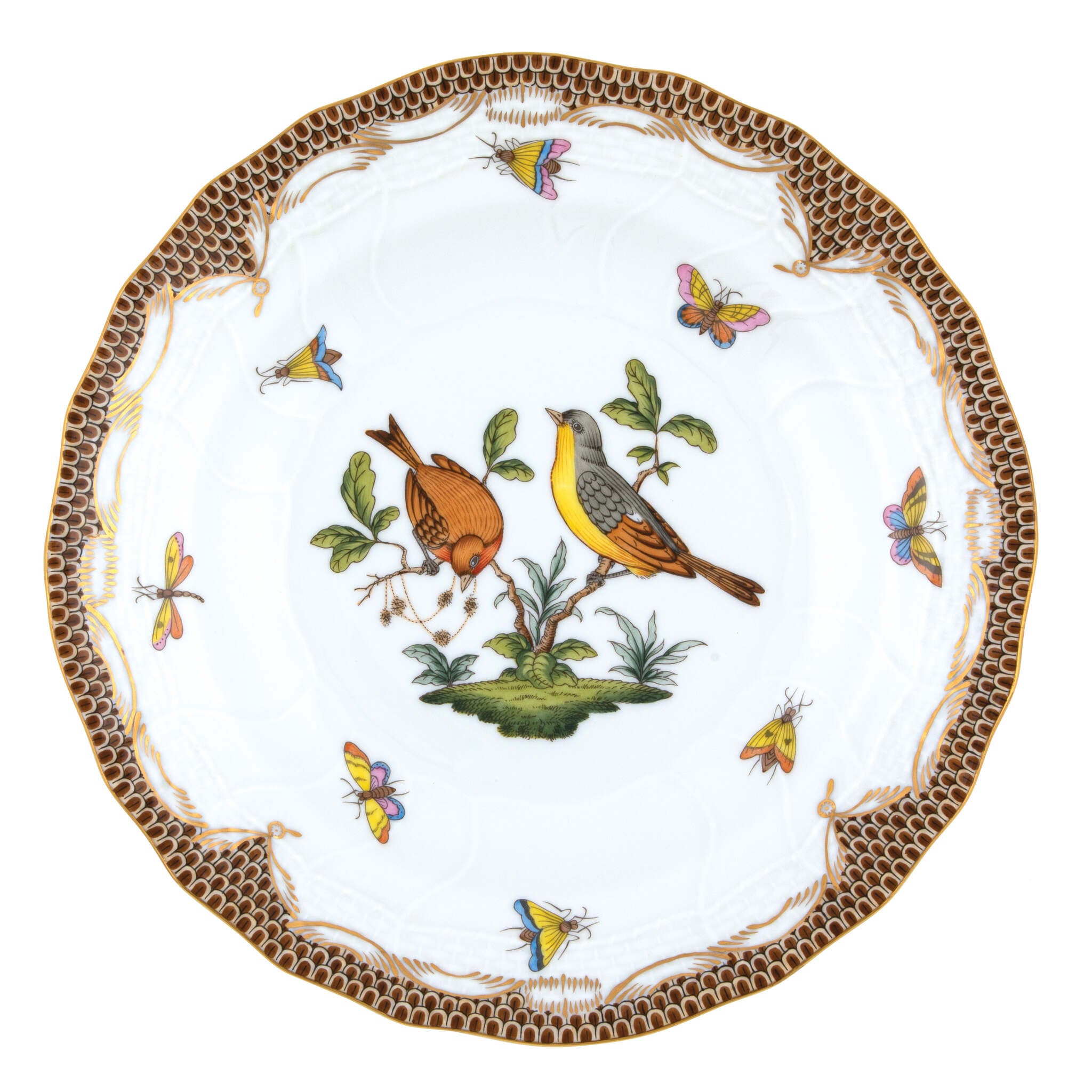 Hand-painted Herend Rothschild Bird Brown Border Dessert Plate in fine porcelain, 8.25in D,, Motif 7, on a white background