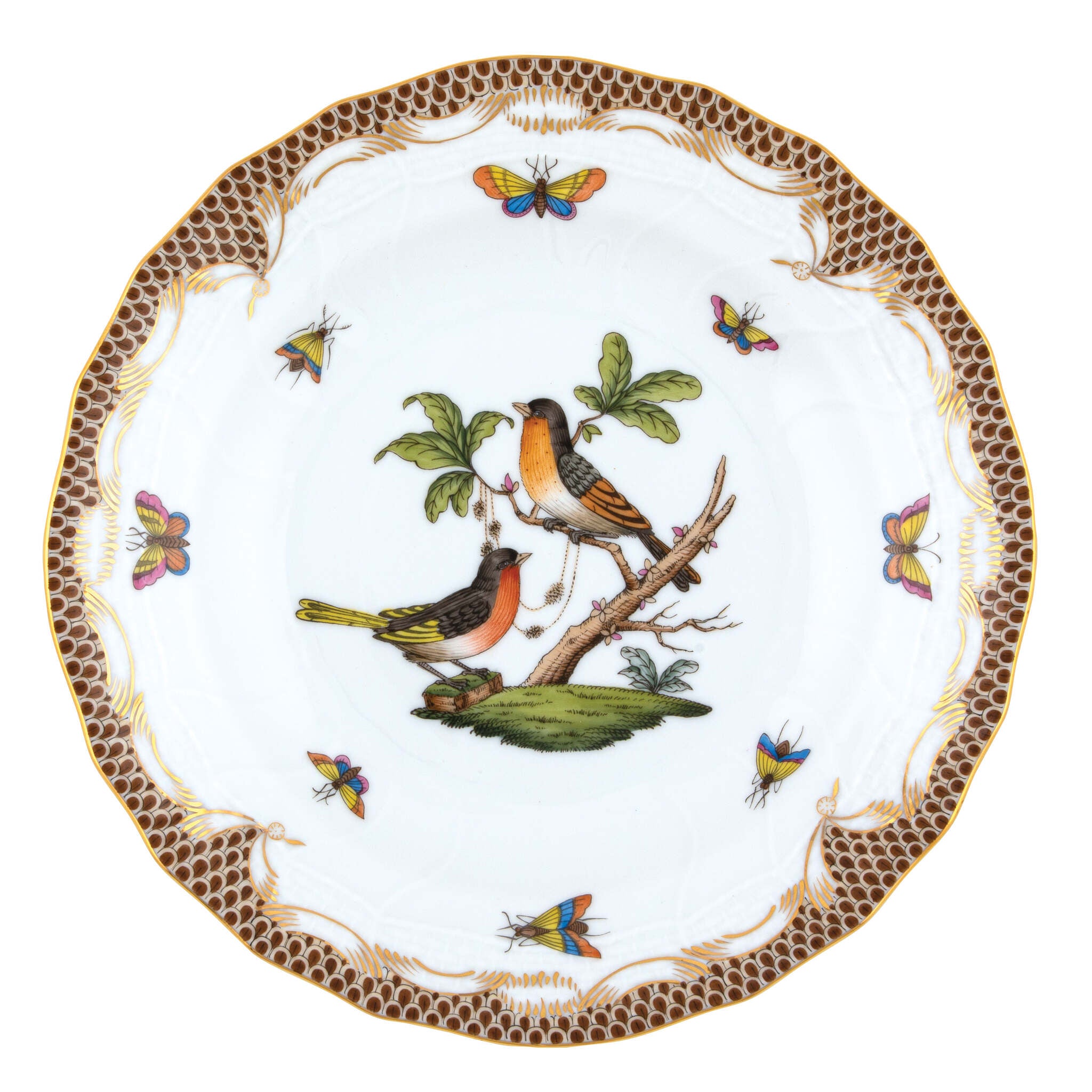 Hand-painted Herend Rothschild Bird Brown Border Dessert Plate in fine porcelain, 8.25in D,, Motif 8, on a white background