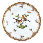 Hand-painted Herend Rothschild Bird Brown Border Dessert Plate in fine porcelain, 8.25in D,, Motif 9, on a white background