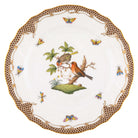 Hand-painted Herend Rothschild Bird Brown Border Dinner Plate, Motif 10, in fine porcelain, 10.5in D, on a white background