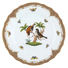 Hand-painted Herend Rothschild Bird Brown Border Dinner Plate, Motif 12, in fine porcelain, 10.5in D, on a white background